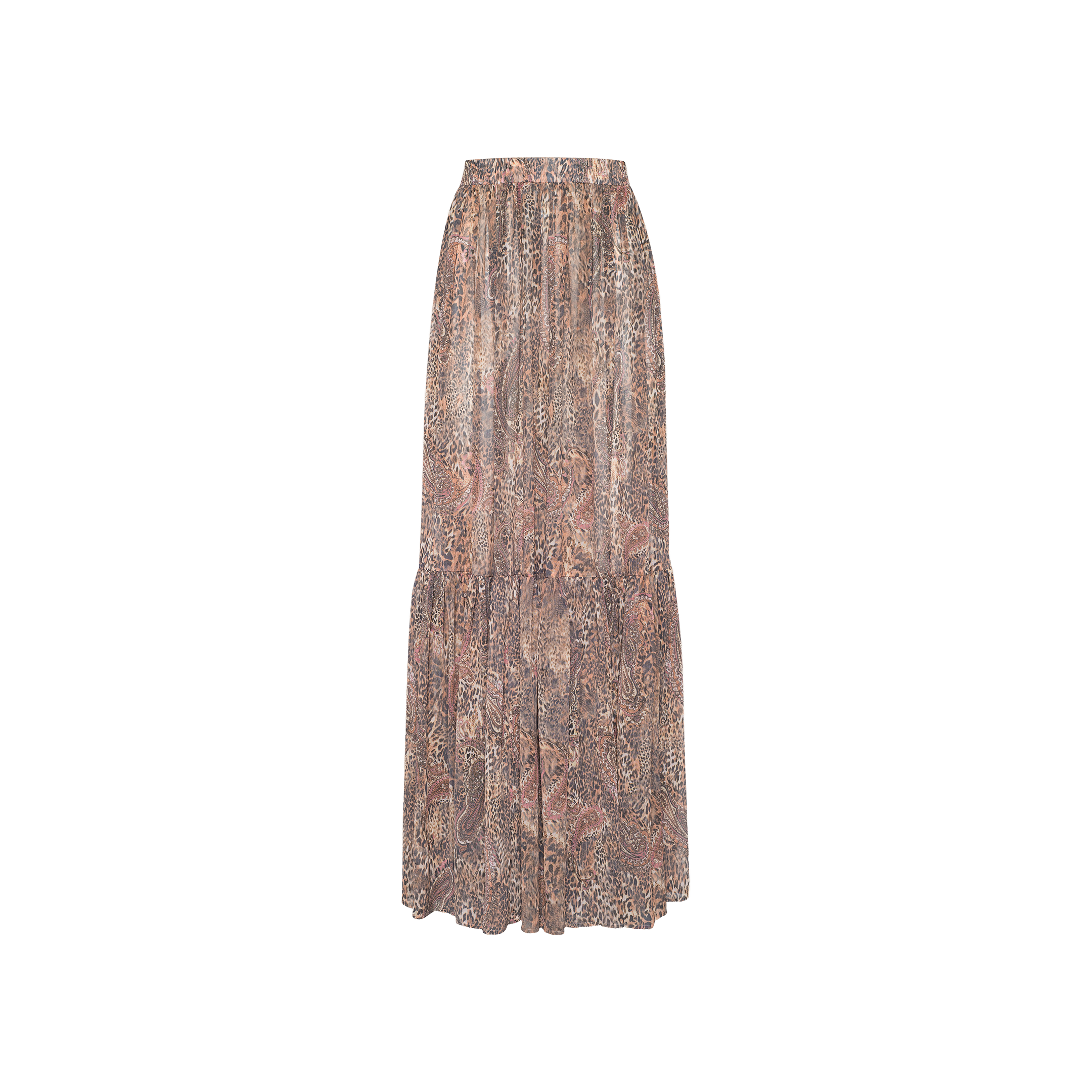 The Ursie Maxi Skirt is a flowy, long maxi skirt featuring a muted brown and pink bohemian paisley print, gathered at the waist with a slightly flared hem, displayed on a plain white background.