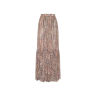 The Ursie Maxi Skirt is a flowy, long maxi skirt featuring a muted brown and pink bohemian paisley print, gathered at the waist with a slightly flared hem, displayed on a plain white background.
