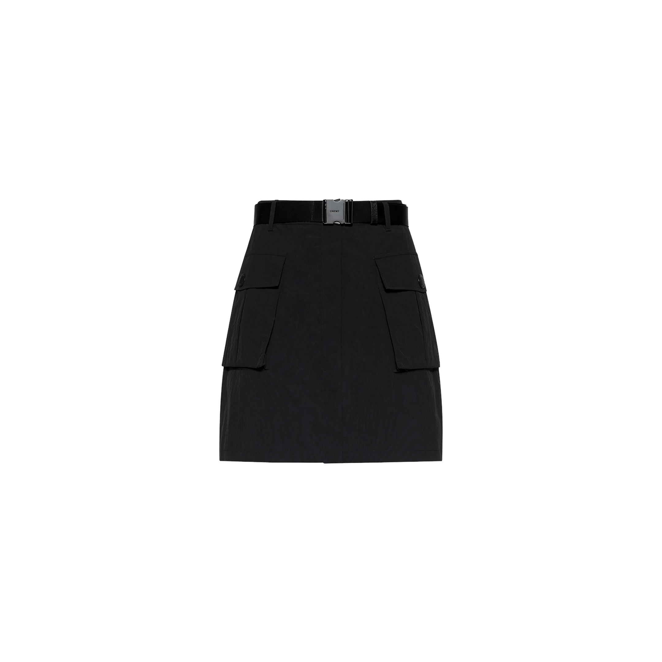 The Norene Nylon Mini Skirt, crafted from water-repellent nylon in black, features large front cargo pockets and a wide belt with a rectangular buckle, displayed on a plain white background.