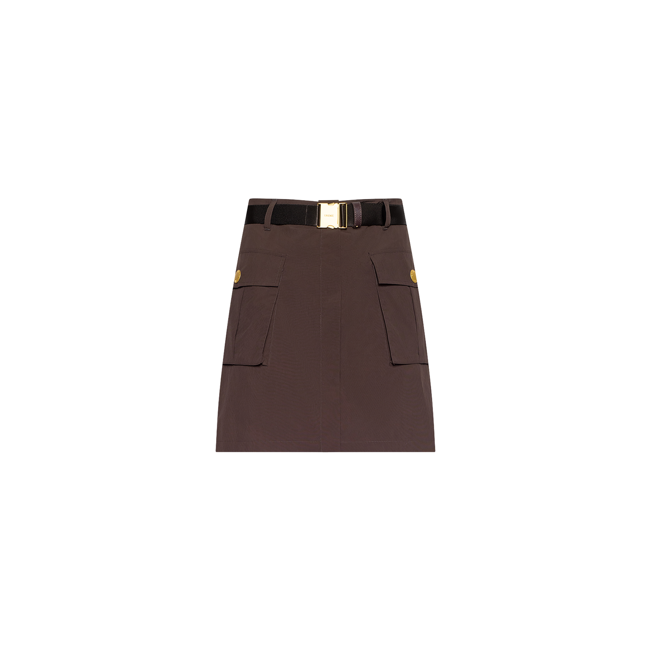 Norene Nylon Mini Skirt in brown, featuring large front cargo pockets, a black belt with a gold buckle detail, and crafted from water-repellent nylon, displayed against a plain white background.