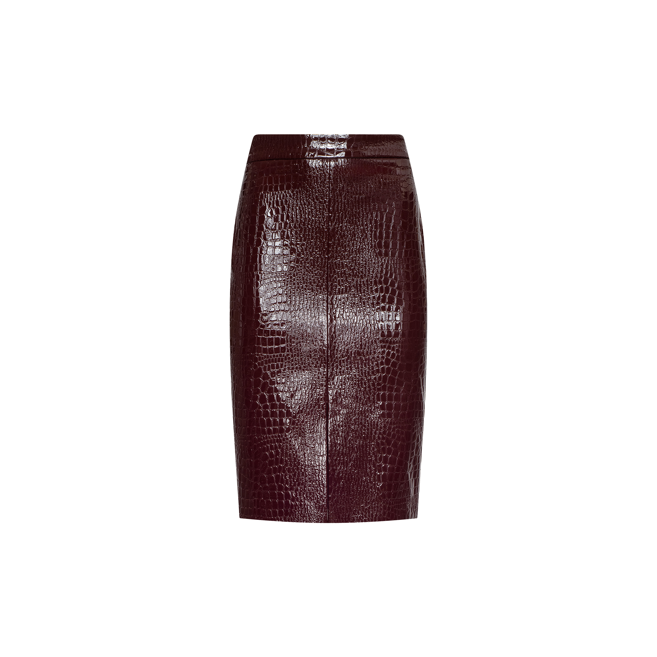 The Violetta Vegan Leather Skirt is a high-waisted, knee-length piece crafted from burgundy croc-embossed vegan leather with a shiny finish and textured detailing, shown against a plain white background.