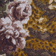 Close-up of the Marseille Mini Skirt, crafted from Italian jacquard tapestry fabric featuring pink and white flowers with green leaves, set against textured brown and gold patterns.