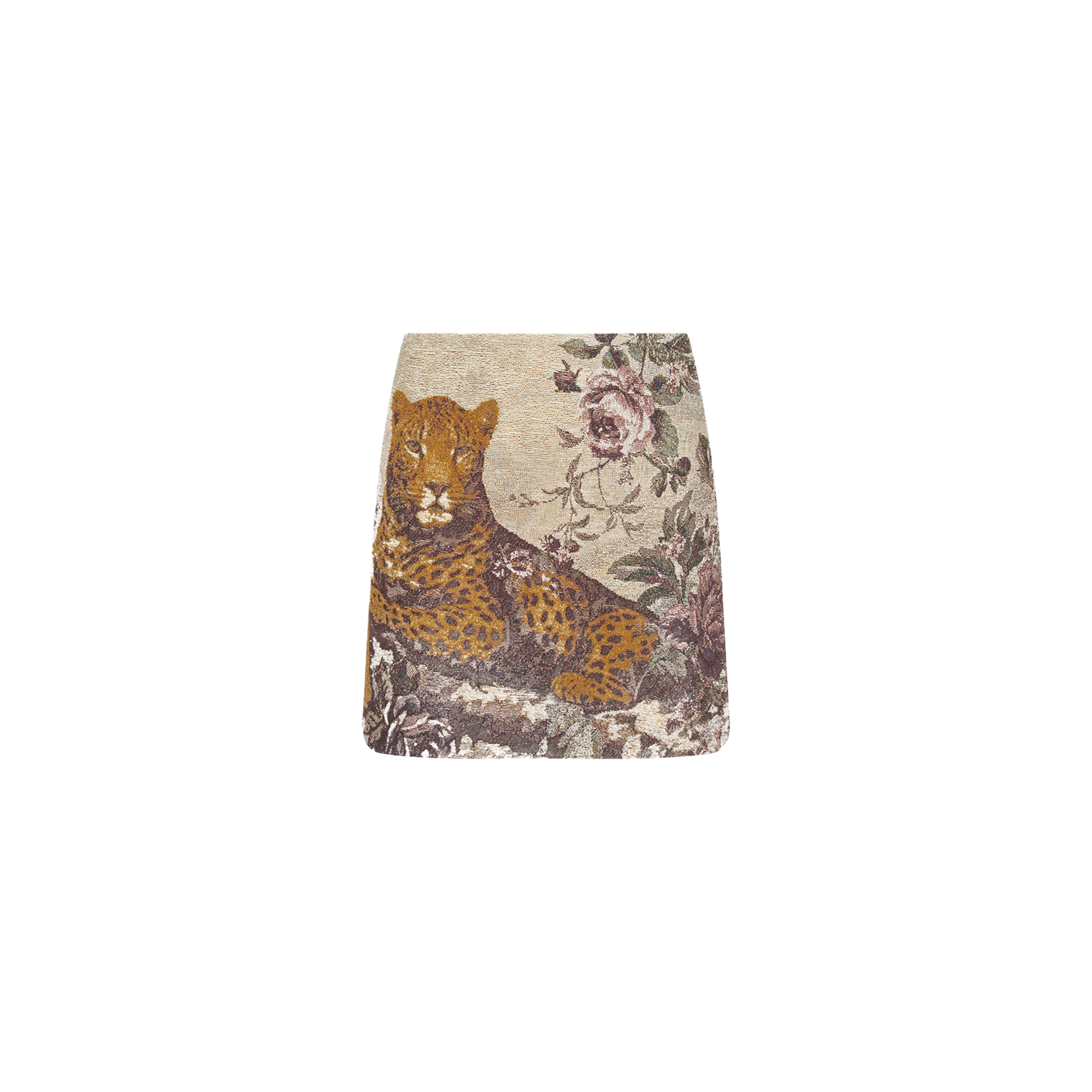 Introducing the Marseille Mini Skirt—a vintage-inspired piece featuring a luxurious print of a leopard reclining amidst flowers and foliage on a neutral background. Crafted from Italian jacquard, this skirt showcases an elegant tapestry design that brings timeless sophistication to your wardrobe.