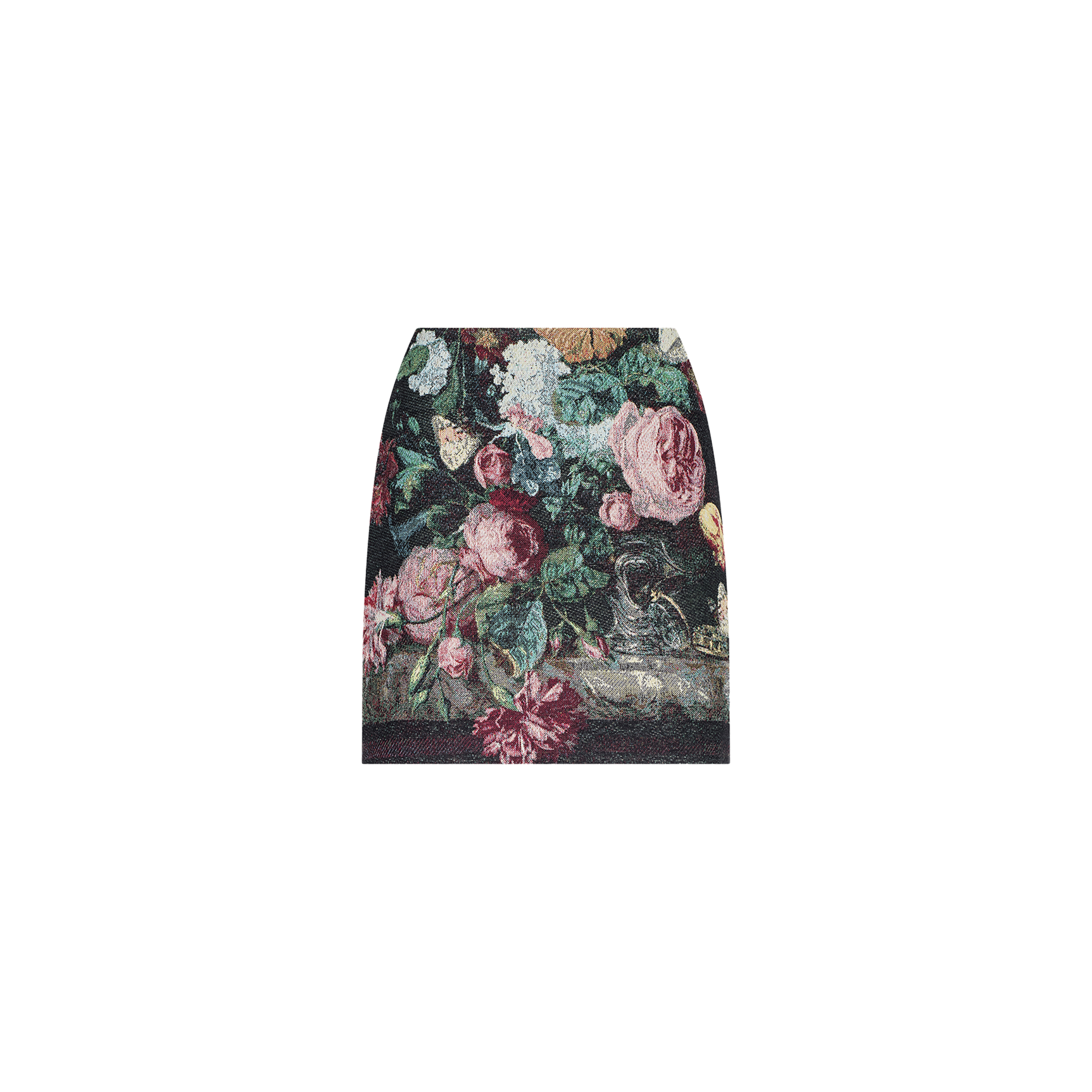 The Marseille Mini Skirt is a unique piece of wearable art, crafted from custom Italian tapestry jacquard and featuring a vibrant floral print with roses and greenery. It is displayed against a plain white background.