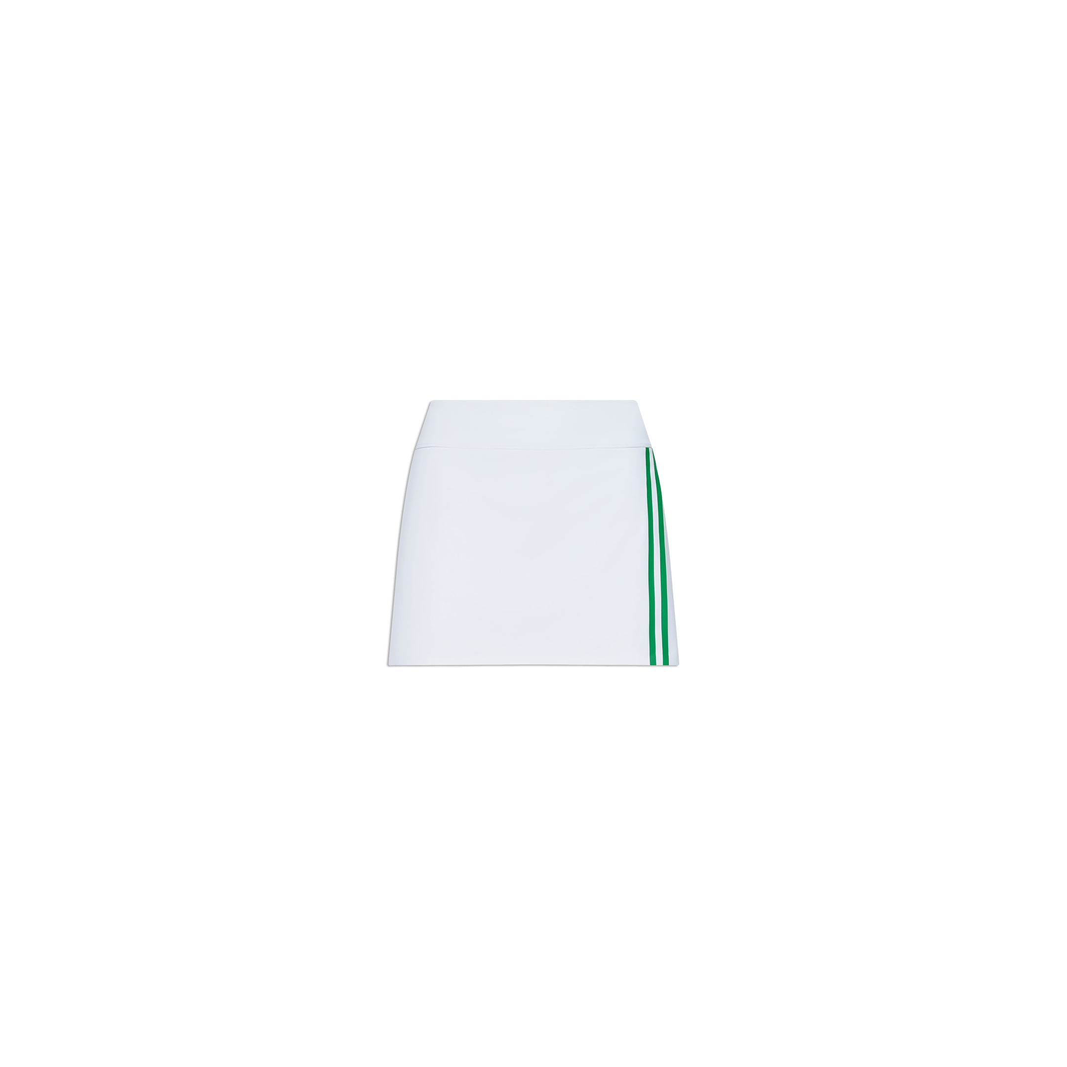 Introducing the Iga Tennis Skort: a white mini wrap skirt designed with two vertical green stripes down one side, made from performance fabric and showcased on a plain white background.