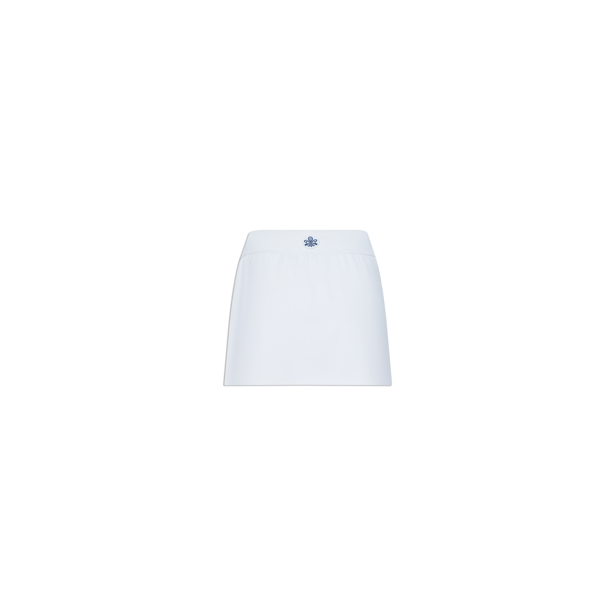 Iga Tennis Skort with a mini straight cut, crafted from performance fabric and finished with a small blue embroidered logo at the center waistband. Displayed on a plain white background.
