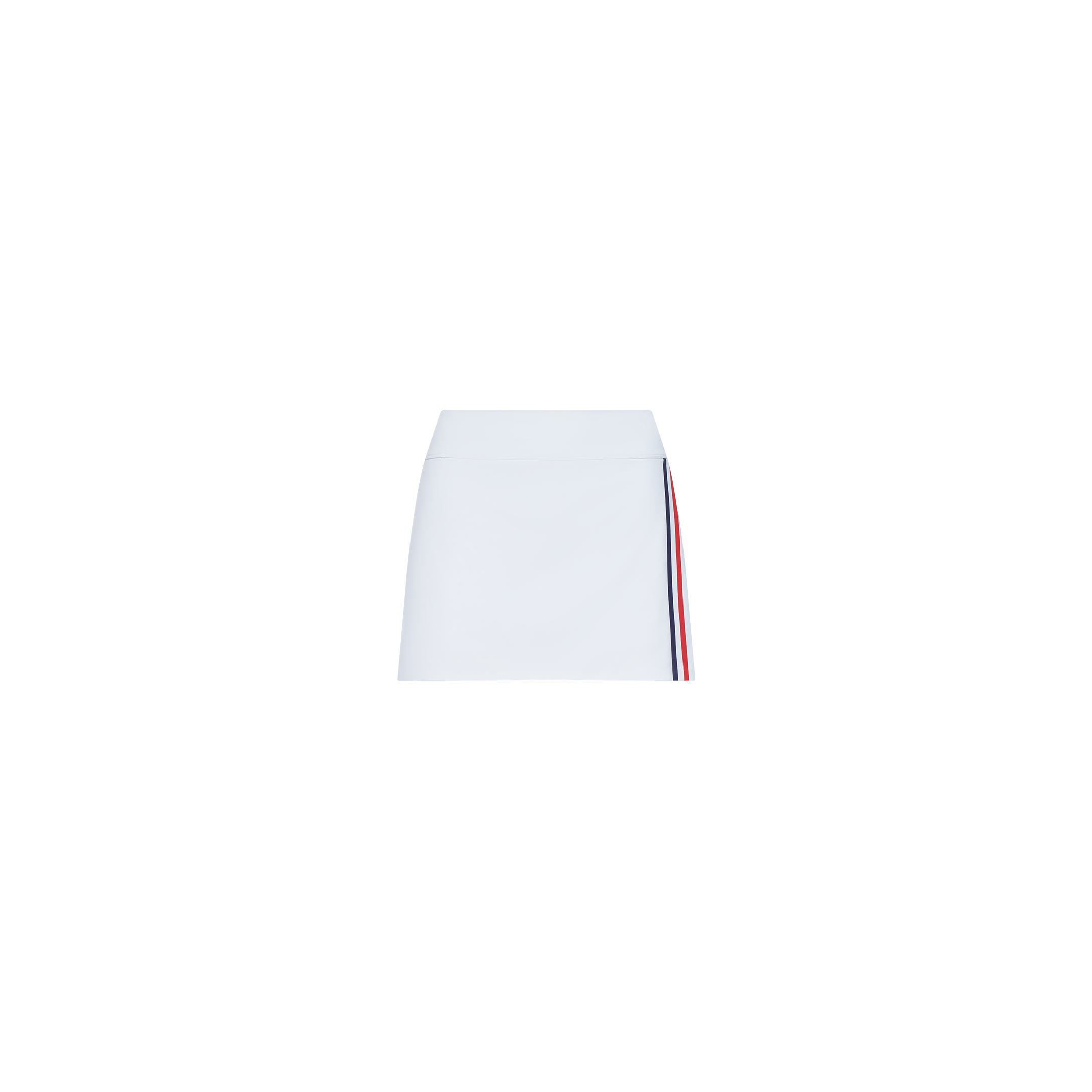 The Iga Tennis Skort is a white mini tennis skirt with a simple design, featuring a vertical red and navy blue stripe along one side, displayed against a plain white background.