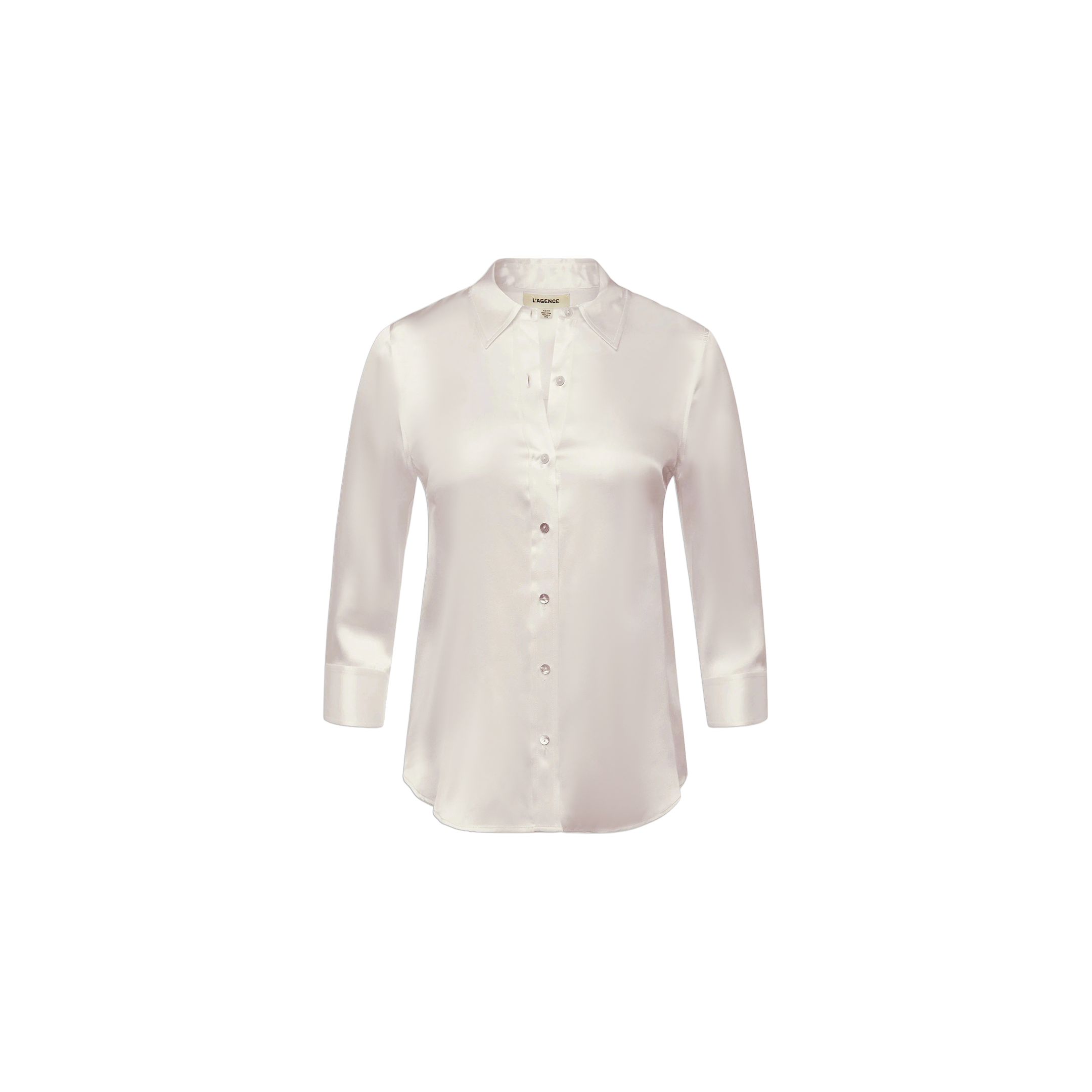 The Dani Silk Blouse is a light pink silk charmeuse shirt featuring a classic collar and three-quarter length sleeves, shown against a plain white background.