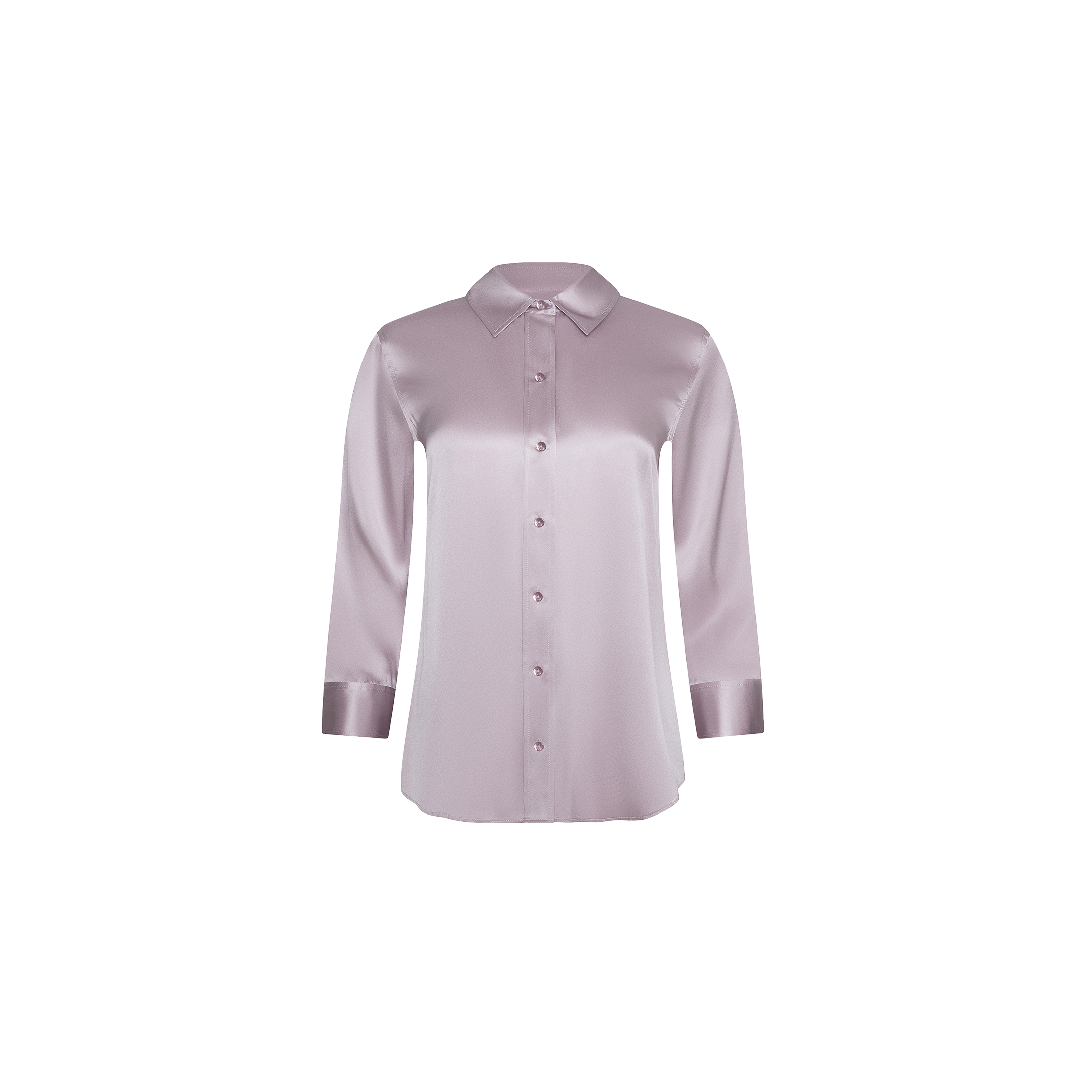 The Dani Silk Blouse, a long-sleeve, light pink button-down top with a classic collar and shiny finish, is displayed on a plain white background.
