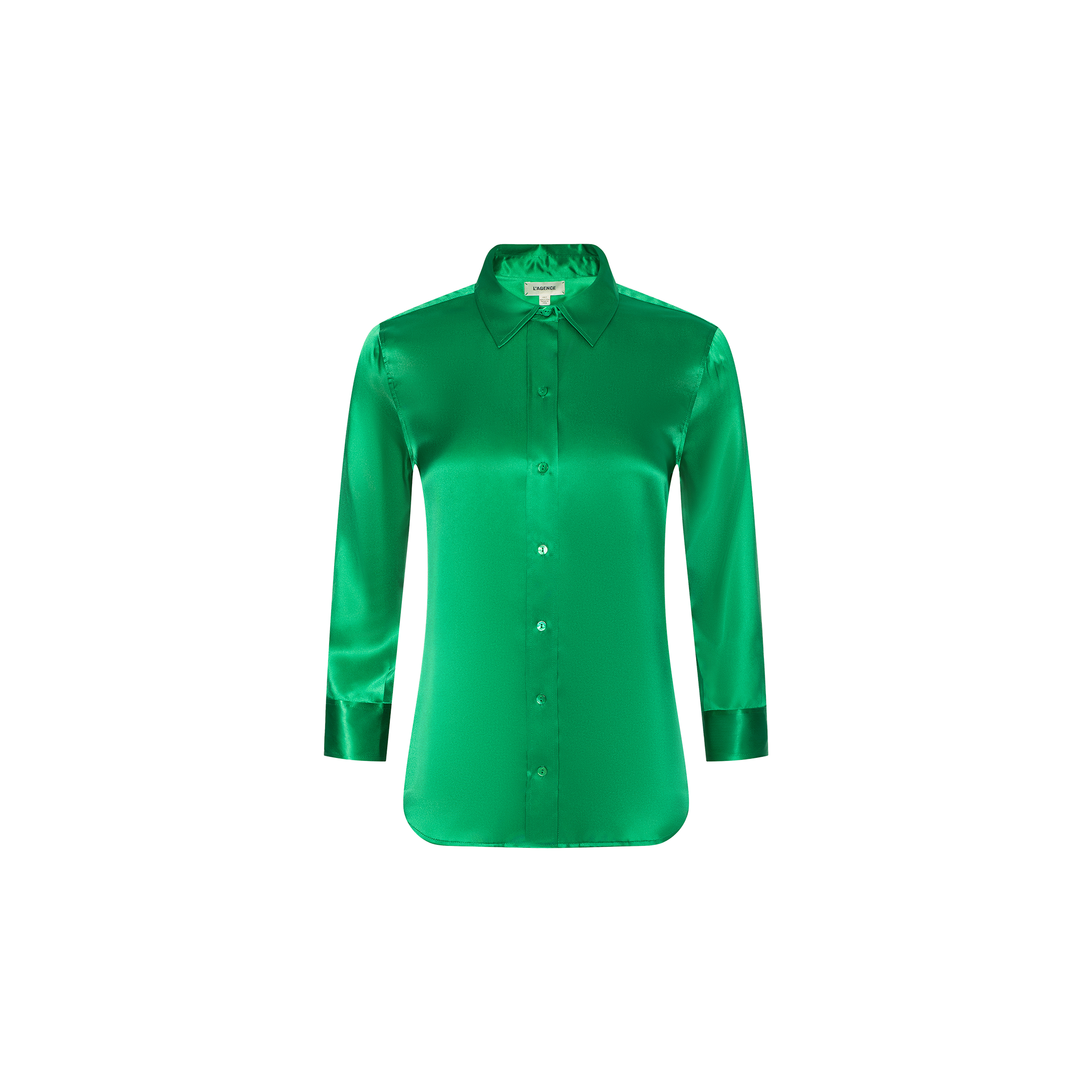 The Dani Silk Blouse is a vibrant green, button-down top featuring a pointed collar and 3/4 sleeves, shown against a plain white background.