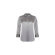 The Dani Silk Blouse is a long-sleeve, button-up top crafted from shiny gray silk charmeuse, featuring a classic collar and cuffed sleeves, shown against a plain white background.