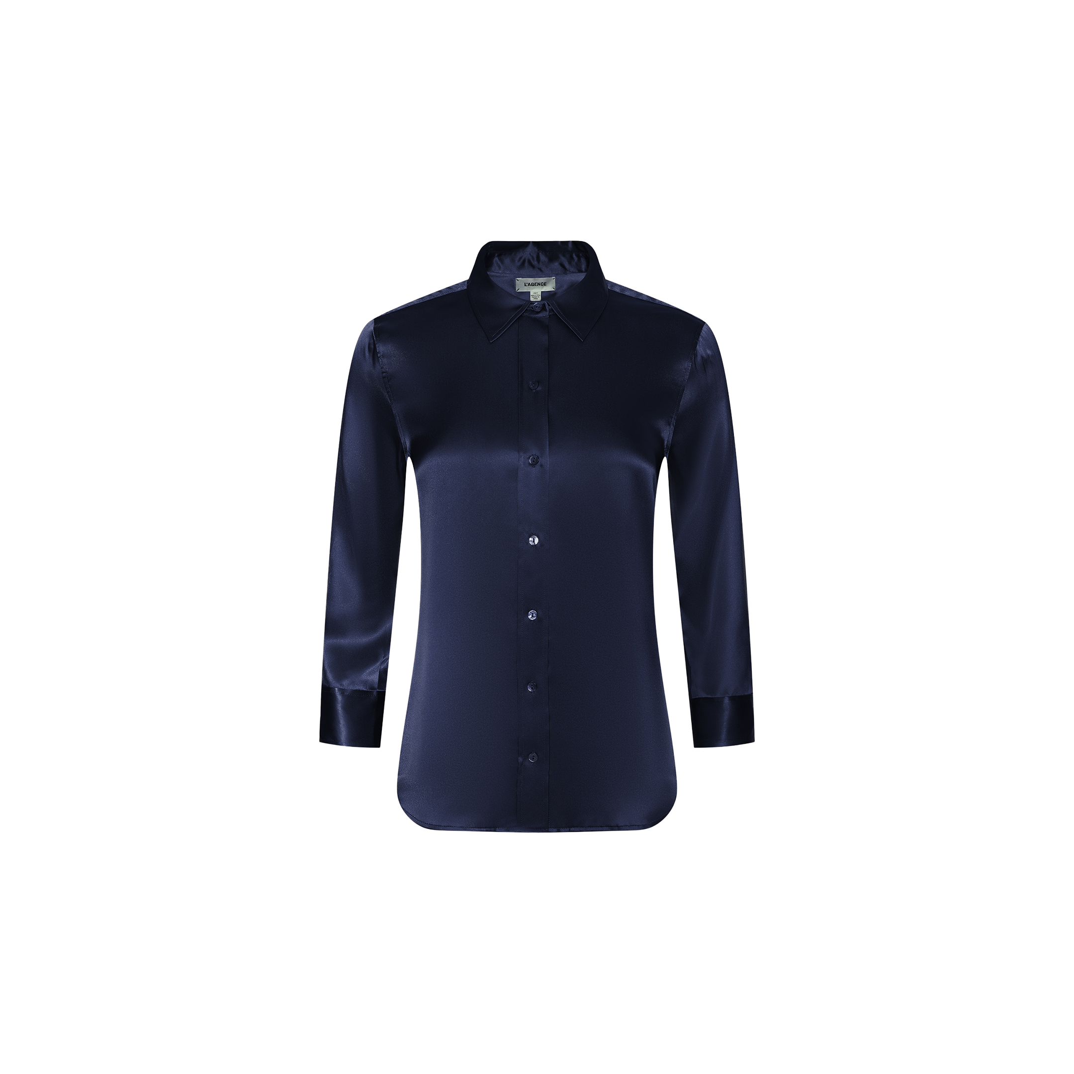 The Dani Silk Blouse is a midnight blue, long-sleeve, button-down blouse with a collar, crafted from lustrous silk satin and displayed on a white background.