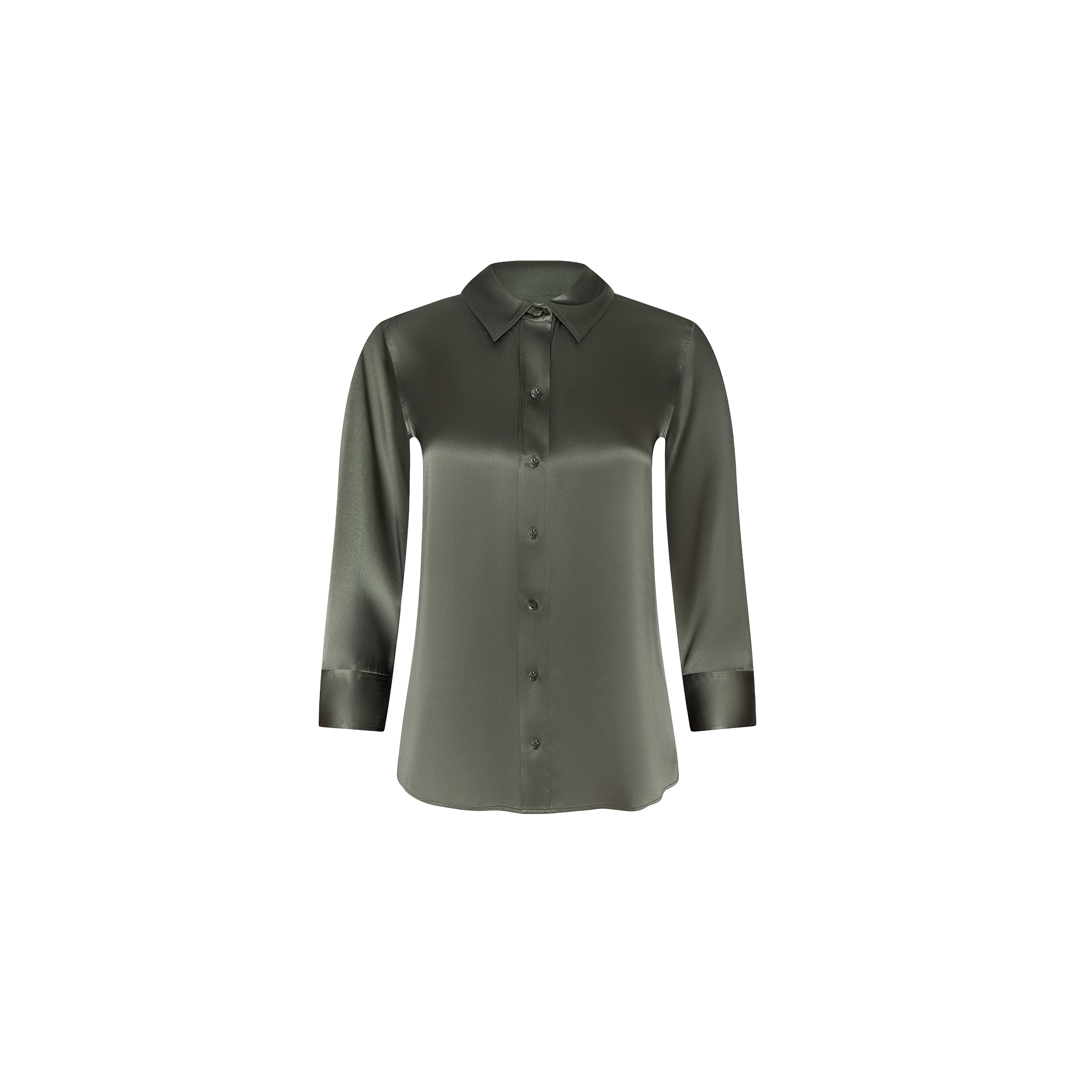 The Dani Silk Blouse in smoky olive green is showcased on a plain white background, featuring long sleeves, a collar, and a silk button-down front.