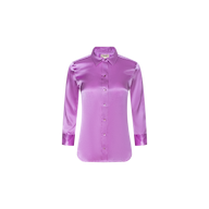 The Dani Silk Blouse, a long-sleeved collared satin shirt in bright pink, is displayed against a plain white background.