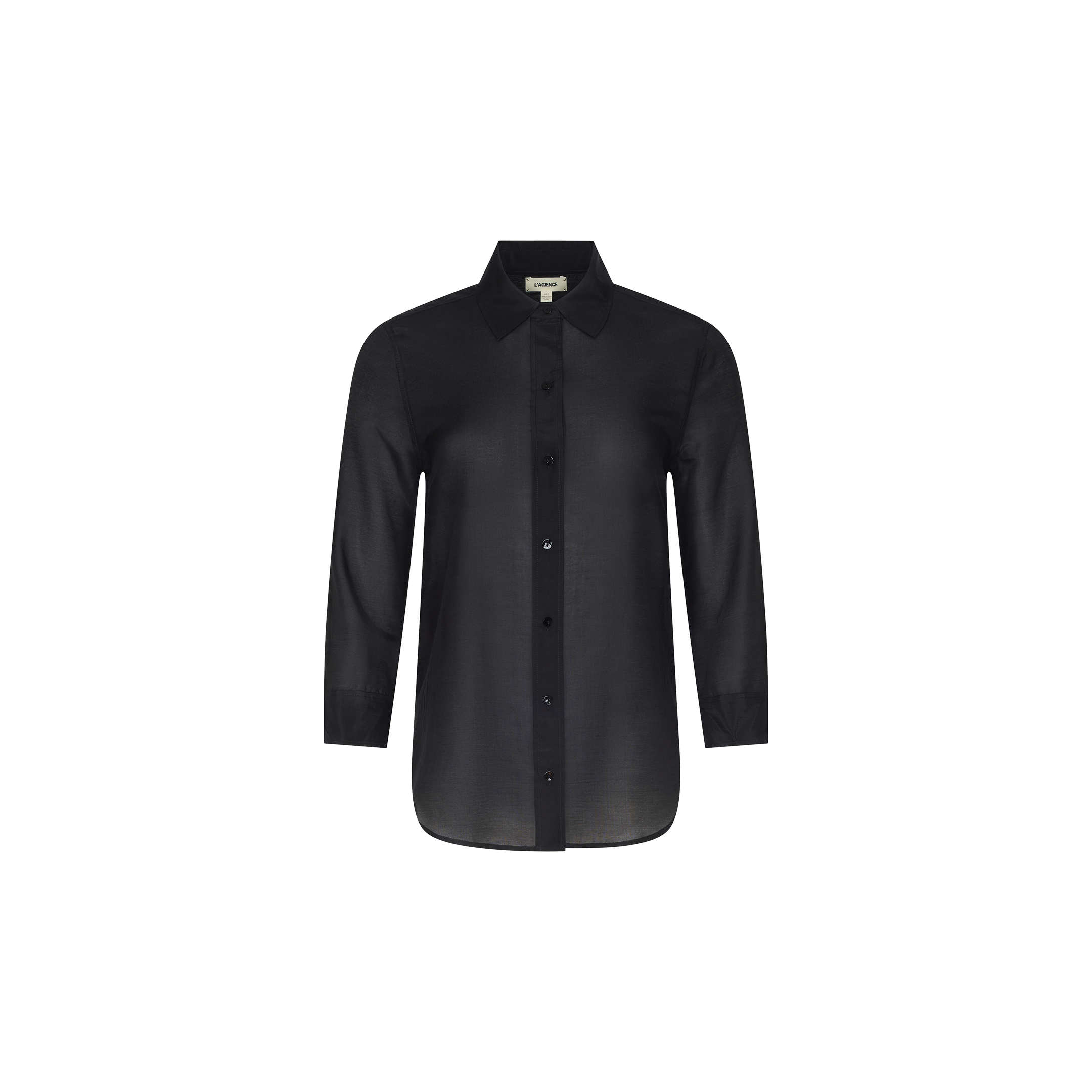 The Dani Cotton-Silk Blouse is a black, long-sleeve button-down with a collar, crafted from a luxurious cotton-silk blend and shown on a plain white background.