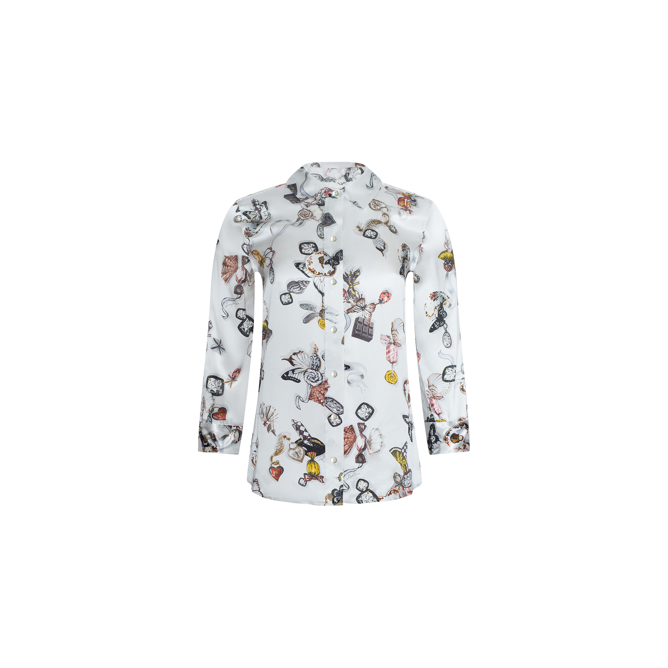The Dani Silk Blouse is a white long-sleeve button-up shirt adorned with colorful cartoon-style illustrations, including animals, butterflies, and various objects scattered across the fabric. This butterfly print blouse is displayed on a plain white background.