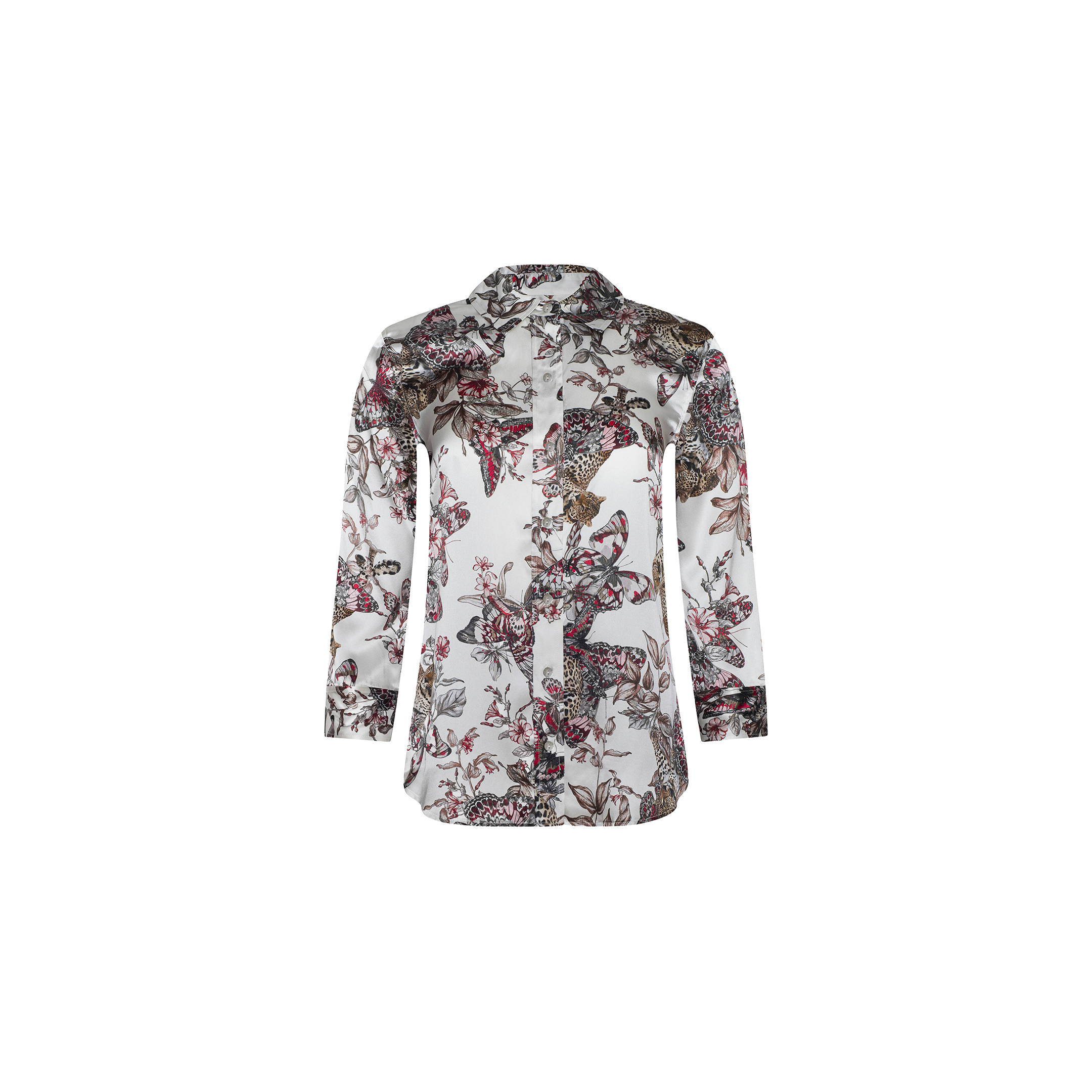 The Dani Silk Blouse is a long-sleeved, button-up shirt featuring a white base adorned with an intricate butterfly jungle print in shades of pink, brown, and gray. It has a pointed collar and offers a relaxed fit.