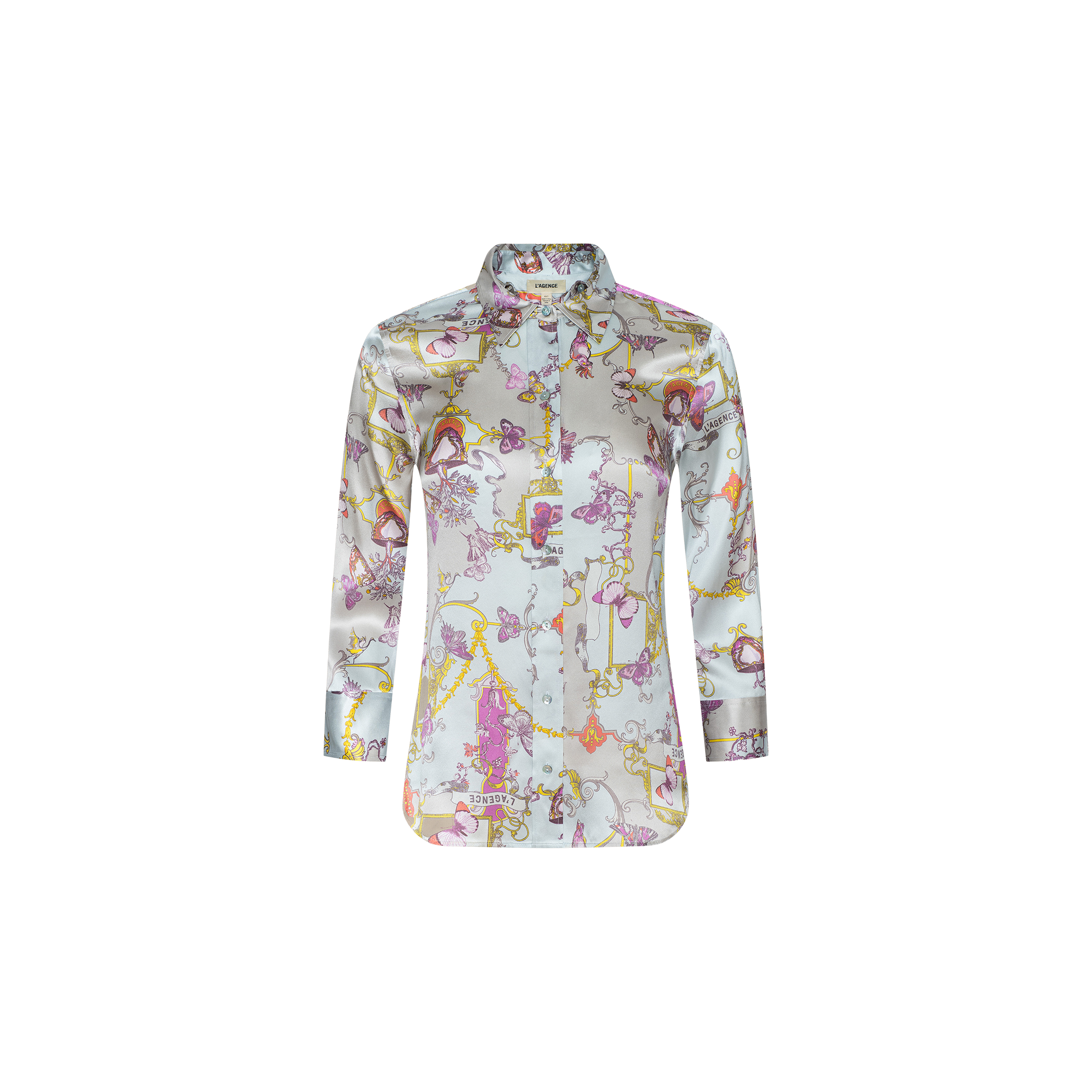 The Dani Silk Blouse features long sleeves and a vibrant abstract baroque toile print in shades of pink, yellow, and purple on a light background, shown against a plain white backdrop.