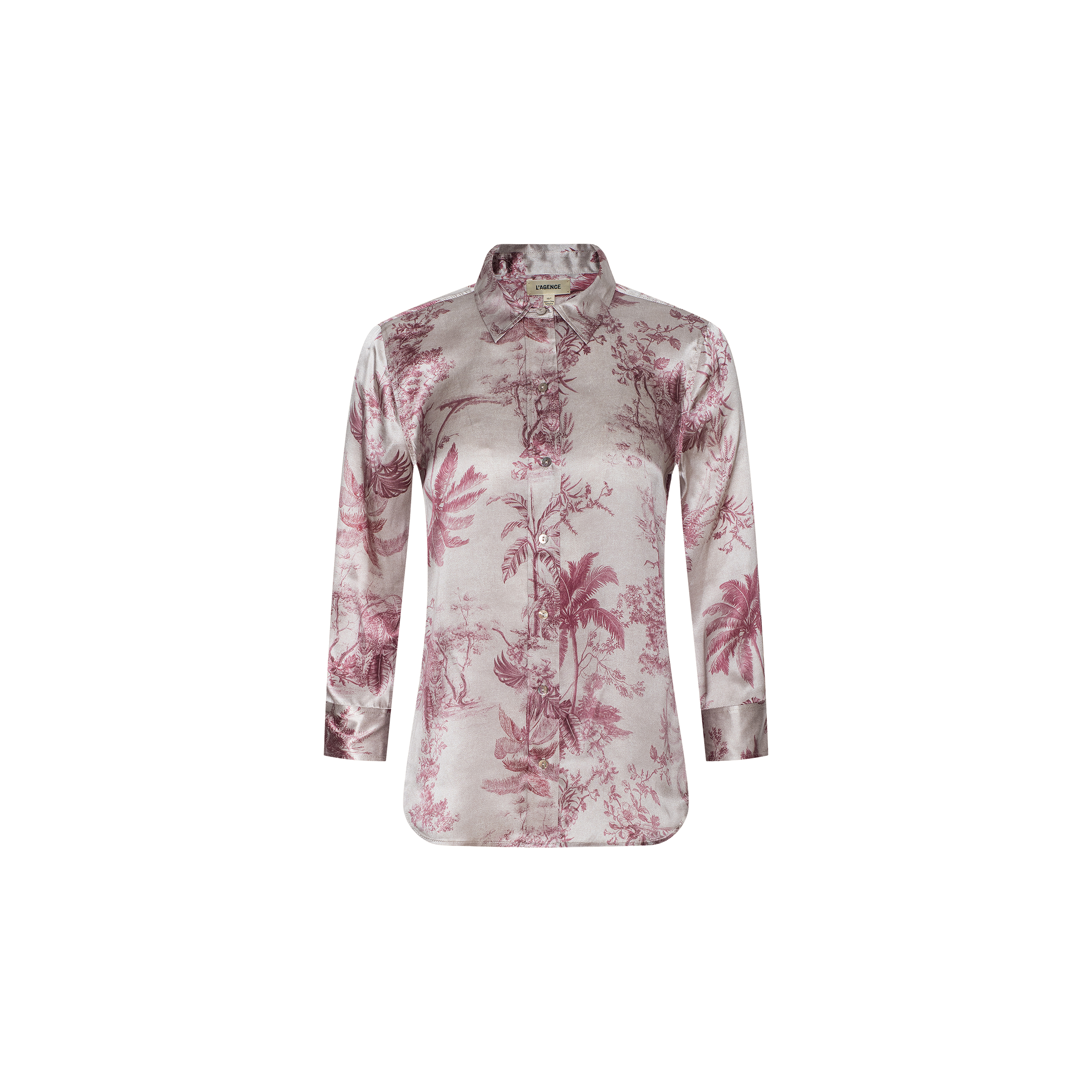 A Dani Silk Blouse with long sleeves, a button-up front, and a collar, showcasing a pink and white jungle toile print on a light background, displayed on a plain white surface.
