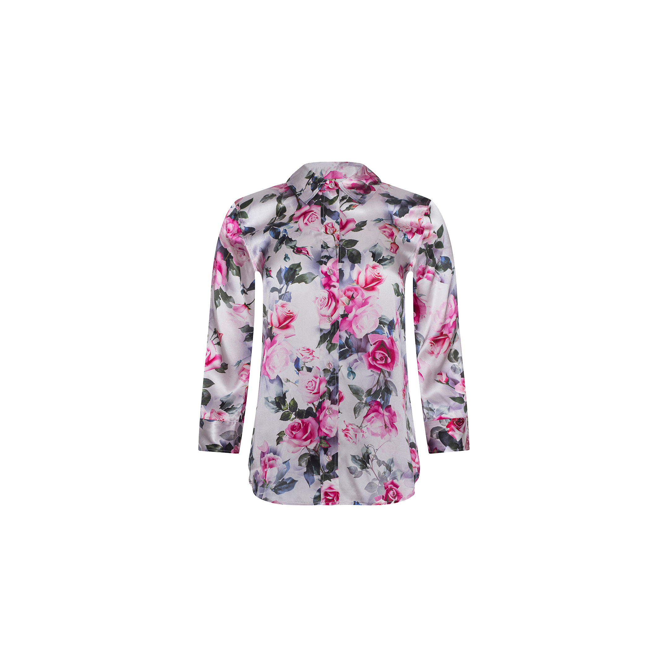 The Dani Silk Blouse is a long-sleeve, button-down shirt featuring a pink rose print and purple floral pattern on a white silk background, displayed against a plain white backdrop.