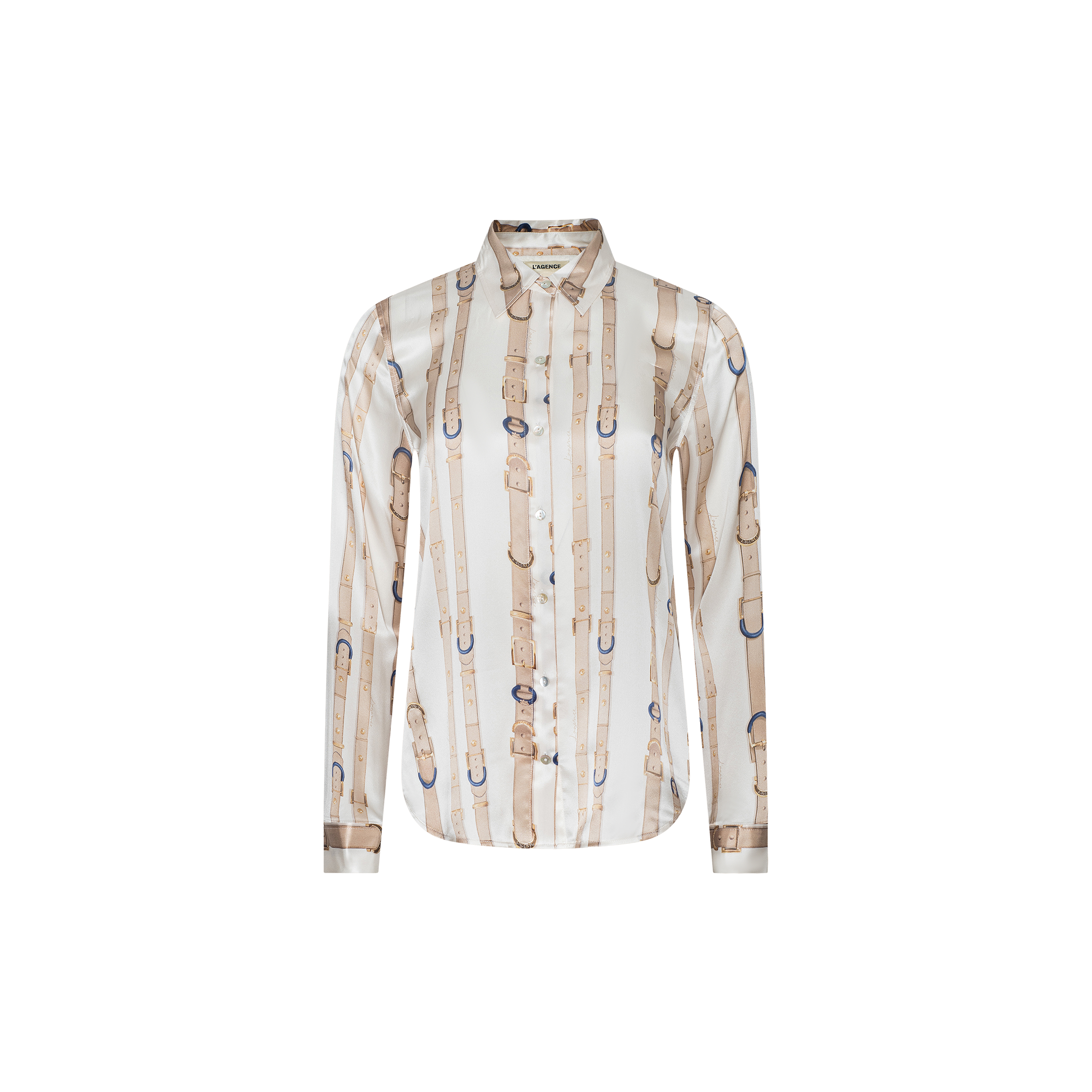 Tyler Silk Blouse by L’AGENCE—a long-sleeve, silk button-down shirt featuring a beige and cream vertical stripe pattern with printed belt and buckle designs throughout.