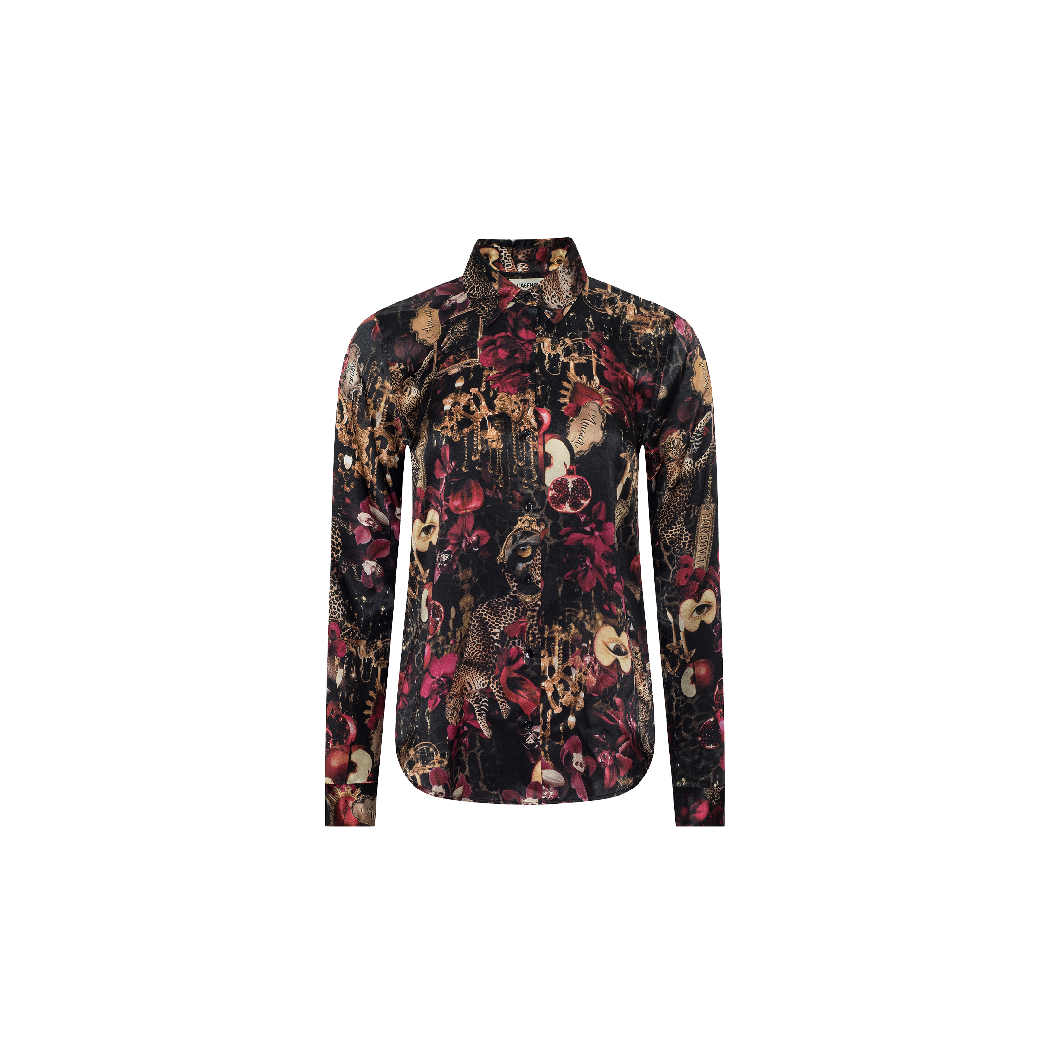 The Tyler Silk Blouse from L’AGENCE is a long-sleeve shirt crafted from silk, showcasing a dark floral and animal print in black, red, gold, and beige shades, displayed on a plain white background.