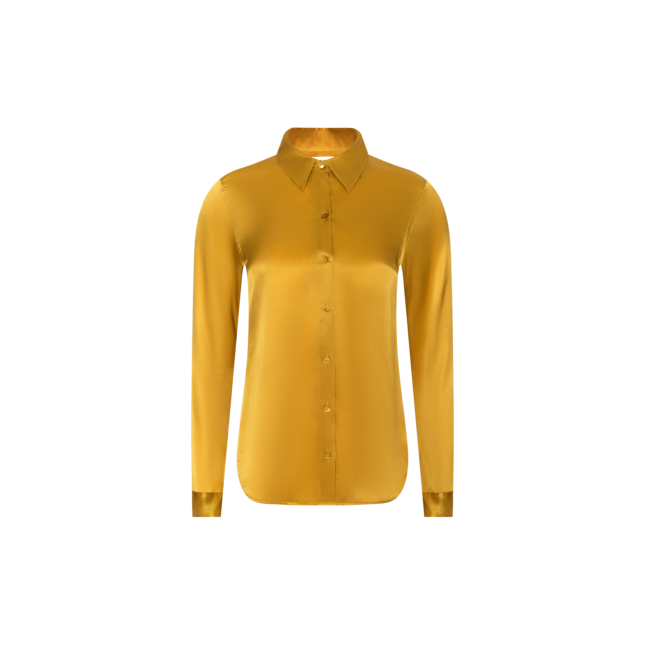 The Tyler Silk Blouse by L’AGENCE, a long-sleeve button-down made from shiny golden yellow silk, is displayed against a plain white background.
