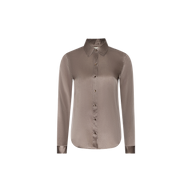 The Tyler Silk Blouse is a long-sleeve, cardamom brown silk button-down with a pointed collar, shown against a plain white background.