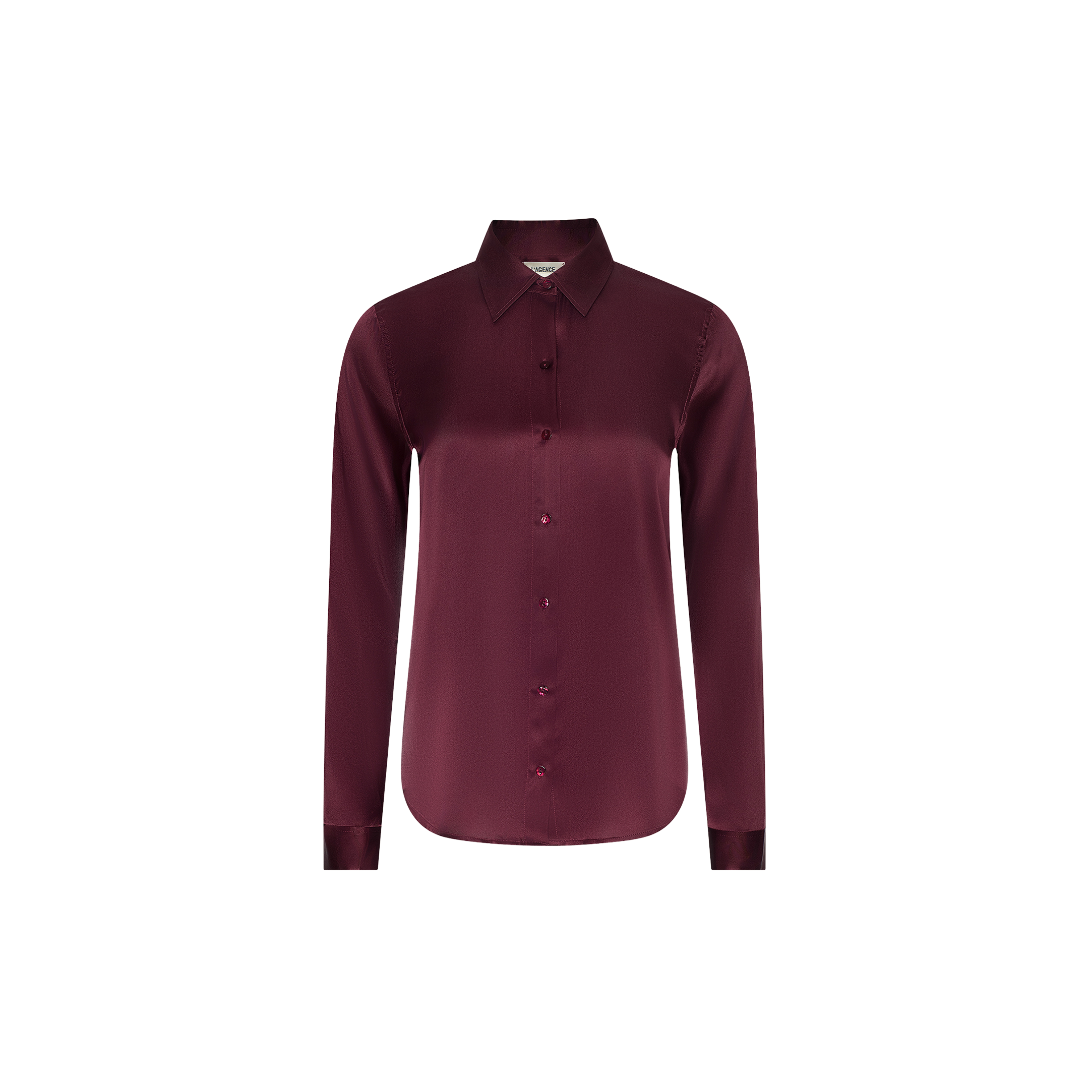 The Tyler Silk Blouse is a long-sleeved, button-up shirt in merlot red silk charmeuse, featuring a pointed collar and shown against a plain white background.