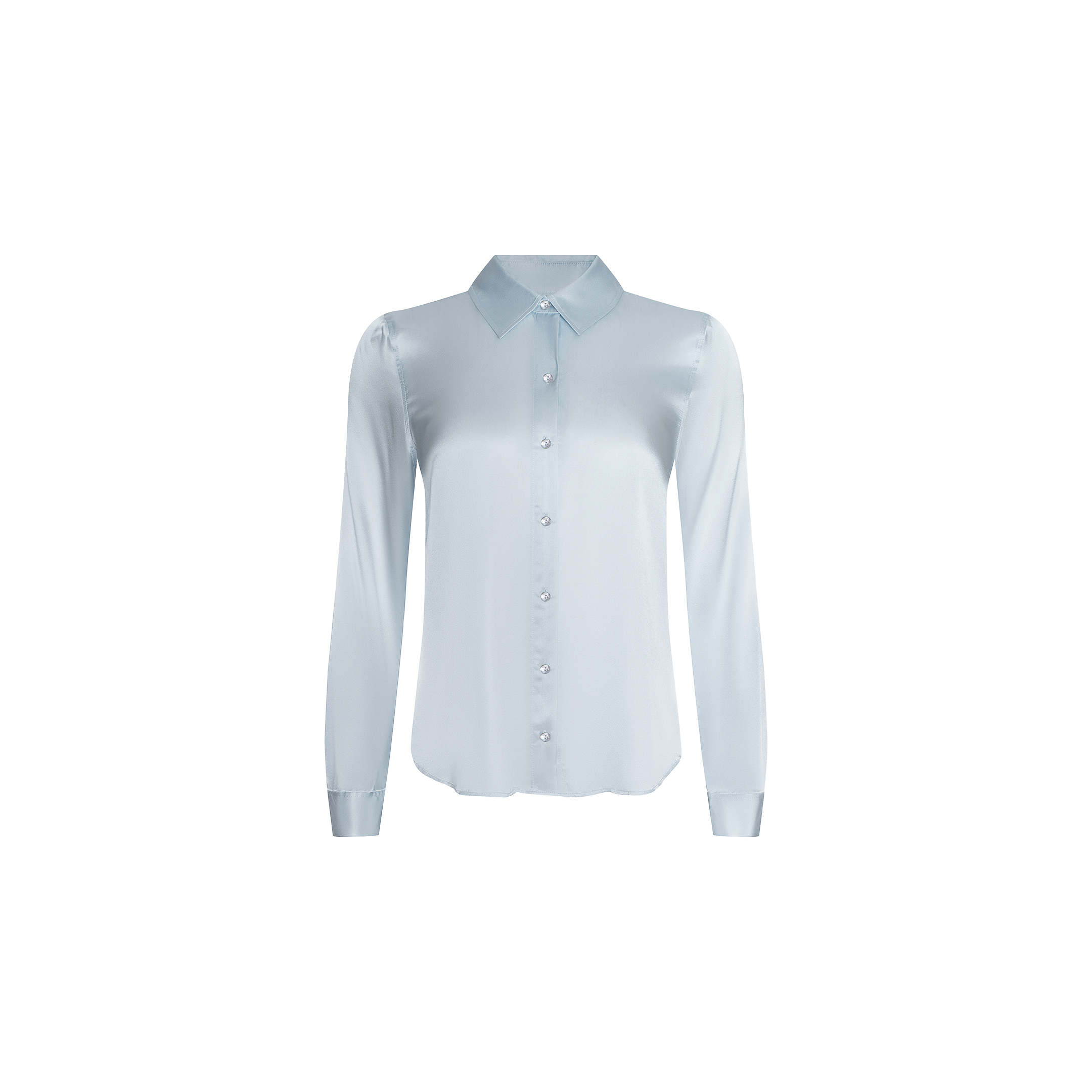 Tyler Silk Blouse in light blue with long sleeves, a pointed collar, and button-down front by L’AGENCE, shown against a plain white background.