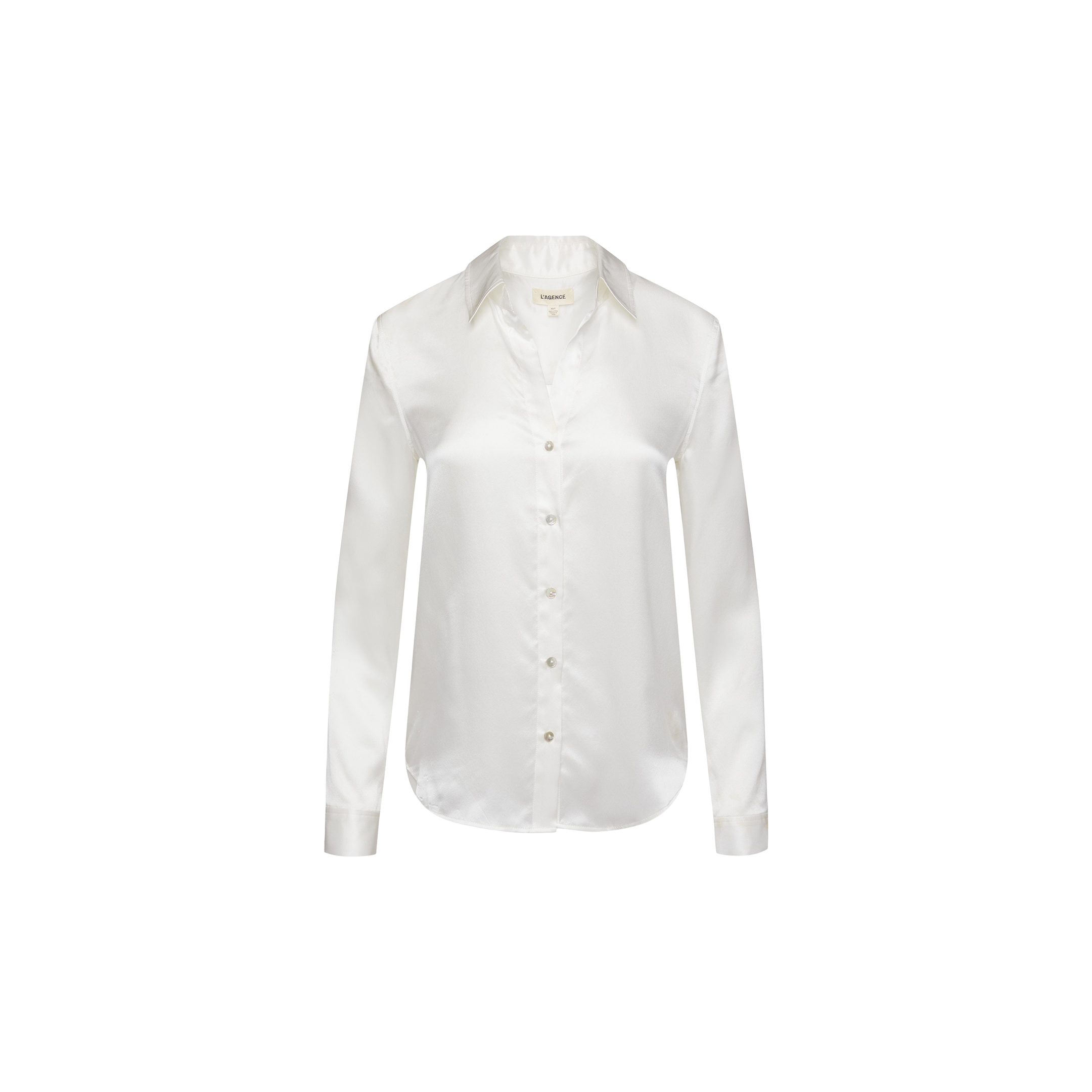 The Tyler Silk Blouse, crafted from ivory silk charmeuse and featuring long sleeves, a classic collar, and a button-up front, is displayed on a plain white background.