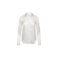 The Tyler Silk Blouse, crafted from ivory silk charmeuse and featuring long sleeves, a classic collar, and a button-up front, is displayed on a plain white background.