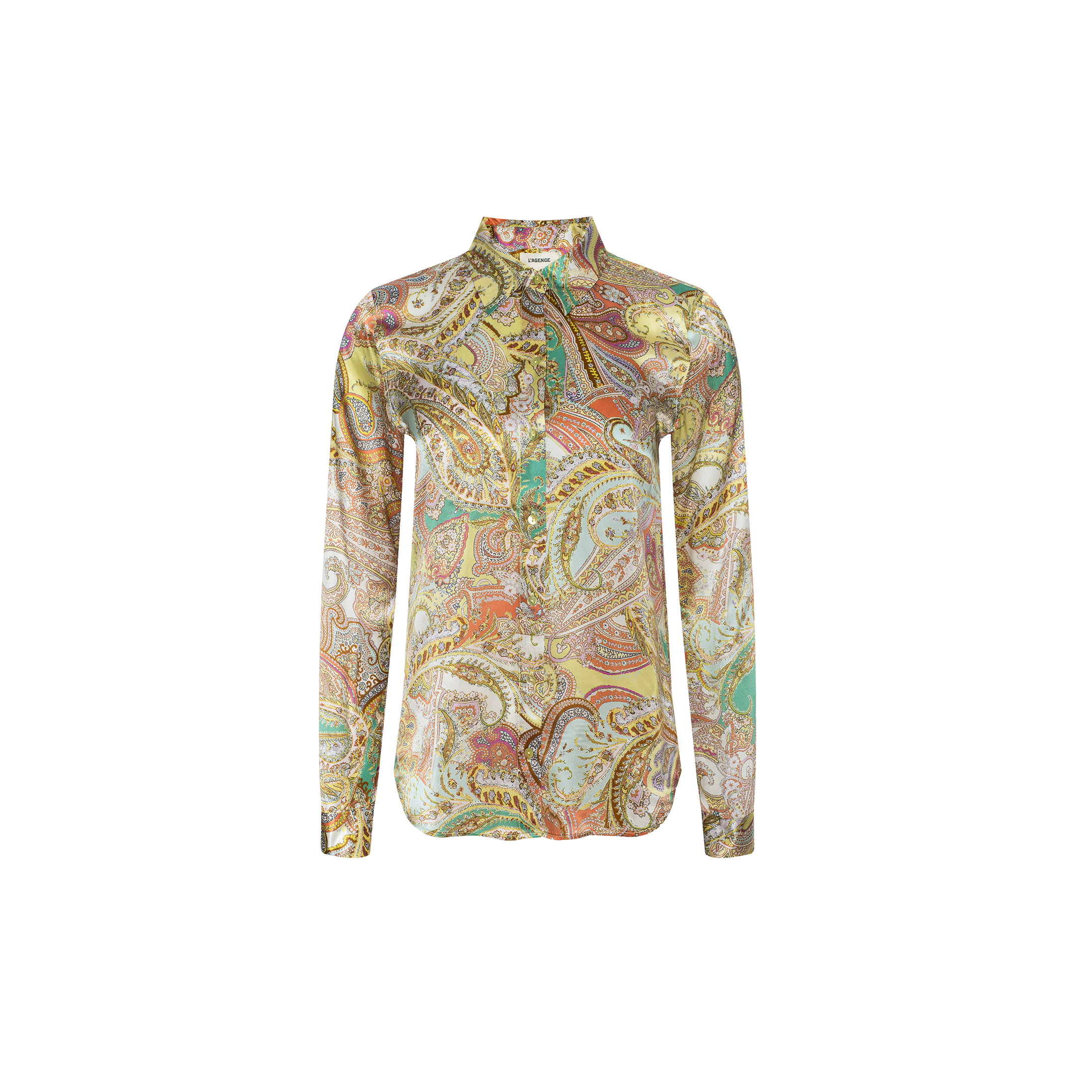 Tyler Silk Blouse by L’AGENCE, a long-sleeved button-down blouse crafted from silk and decorated with a colorful paisley print in shades of green, yellow, pink, and white. Features include a collared neckline and button-down front.