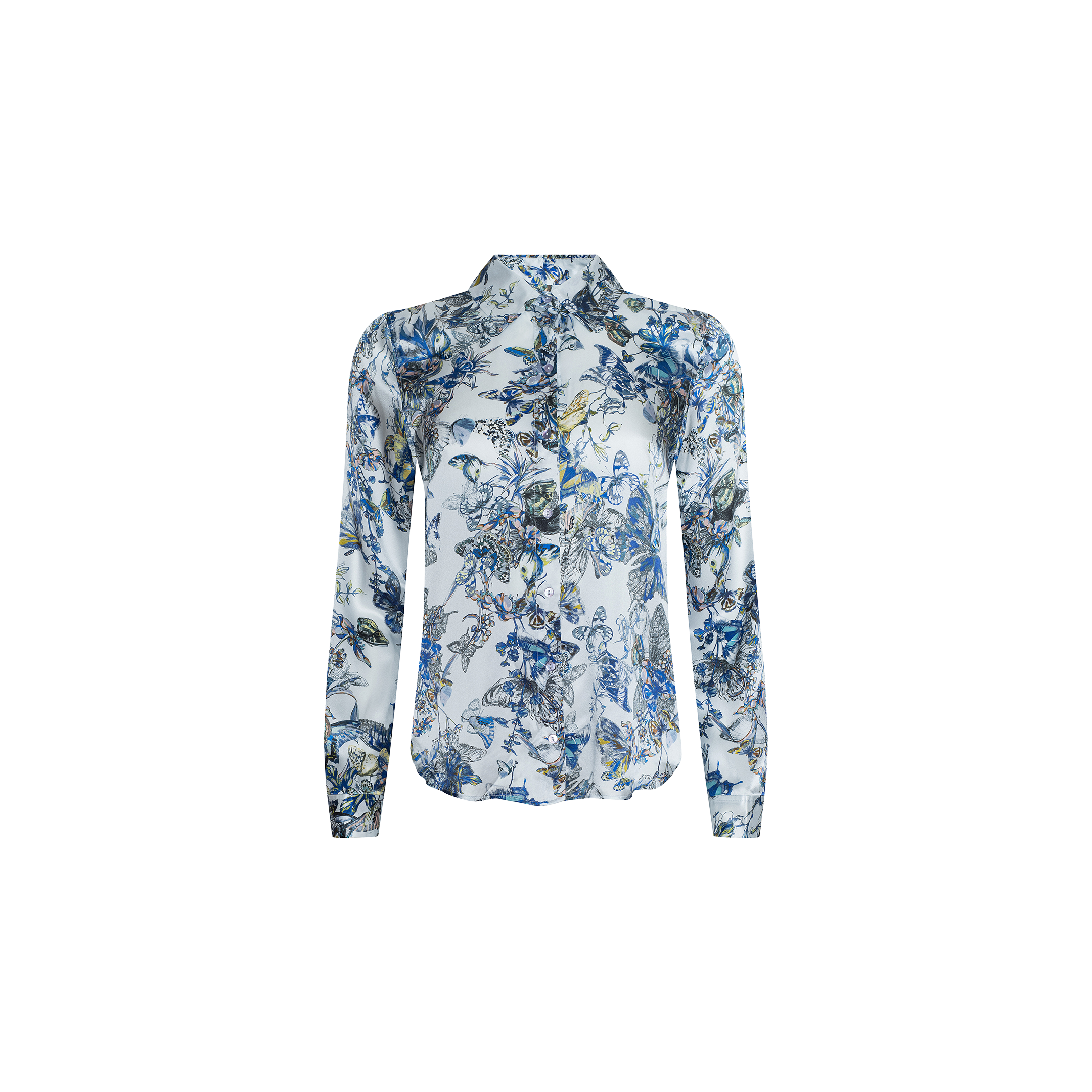 The Tyler Silk Blouse by L’AGENCE is a long-sleeve, button-down shirt featuring a blue and green floral pattern with hints of blue butterfly print on a white background, displayed on a plain white surface.