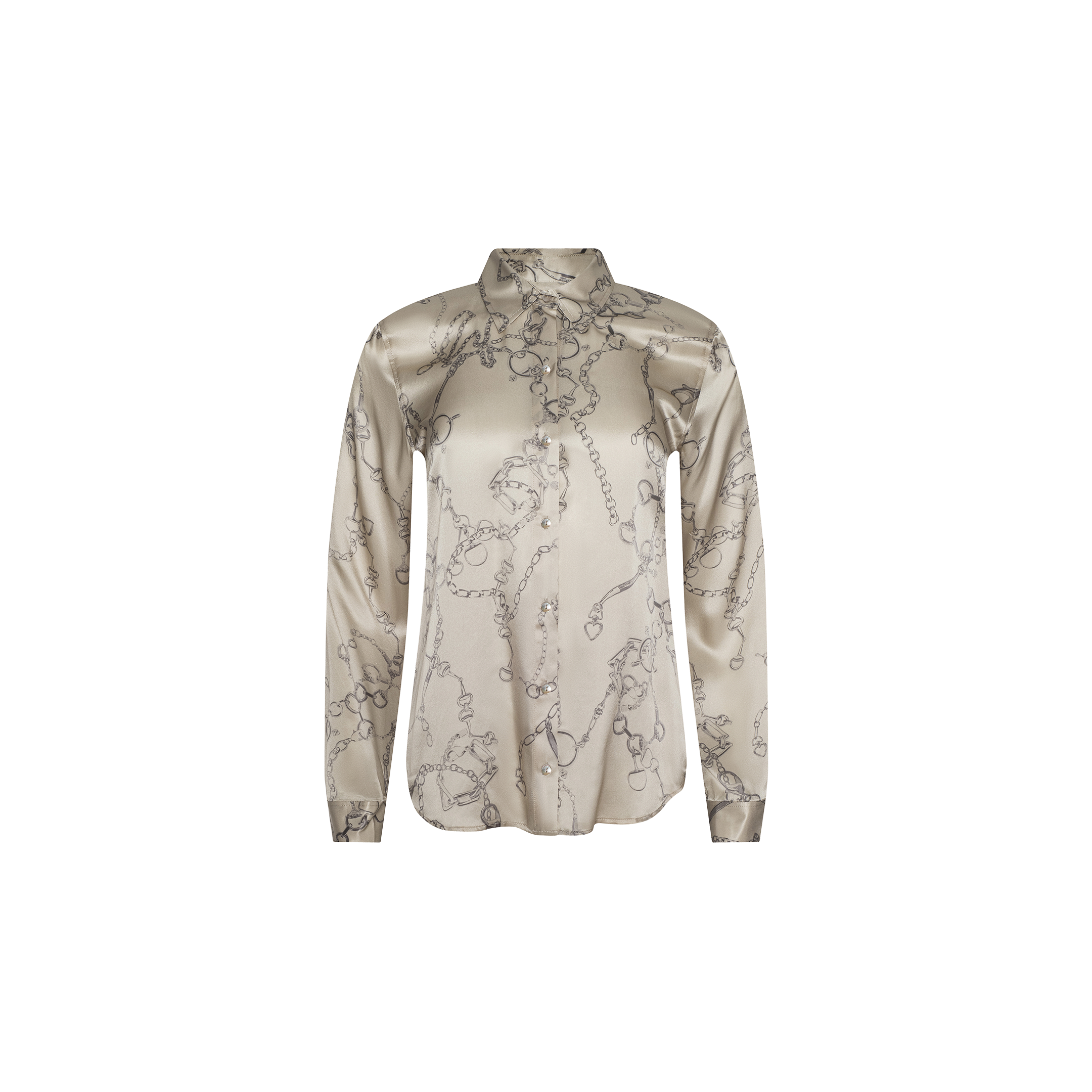 Tyler Silk Blouse in beige satin featuring long sleeves, a high collar, and an abstract gray chain print, displayed on a plain white background.
