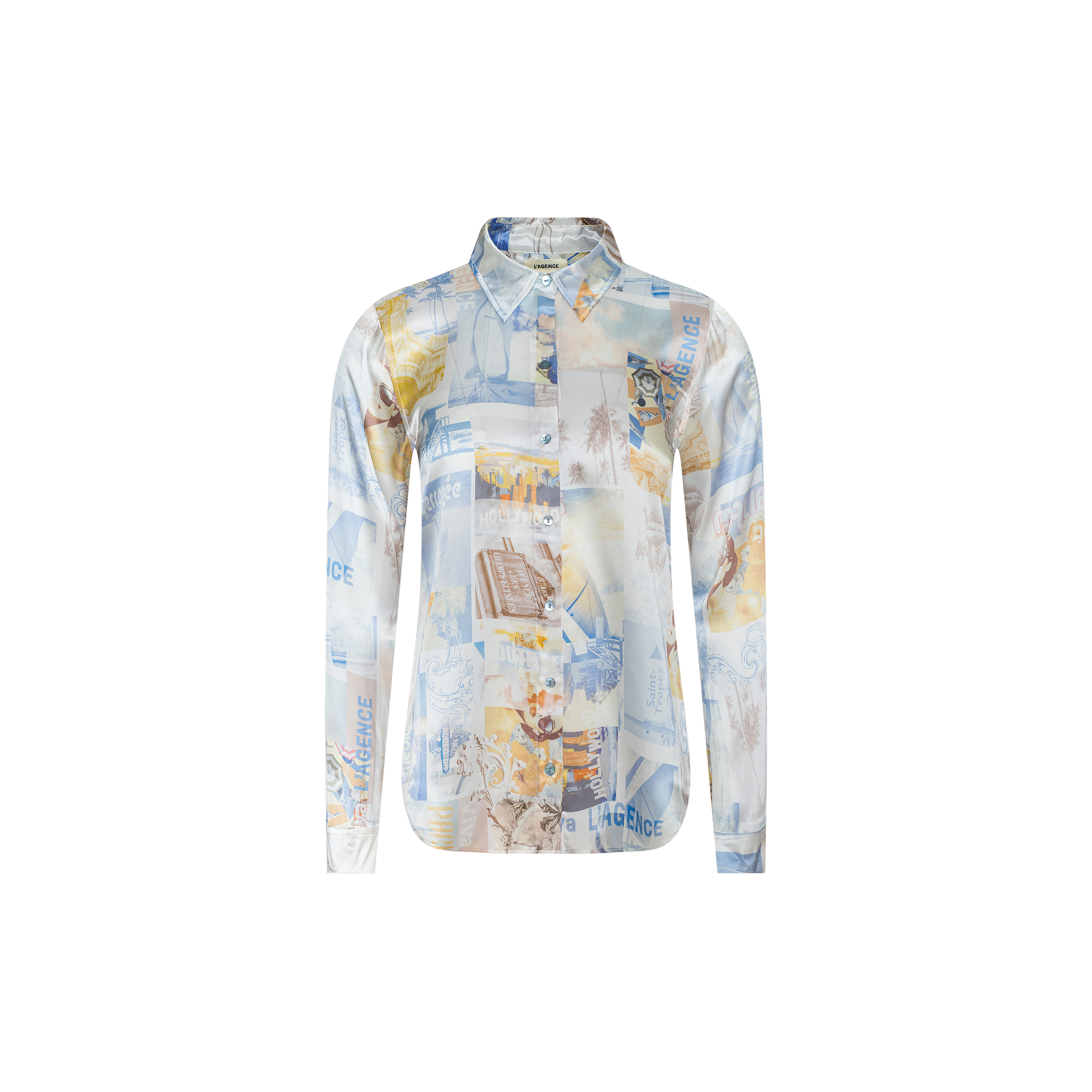 The Tyler Silk Blouse by L’AGENCE is a long-sleeve, button-down shirt crafted from silk, featuring a collage-style print in blue, beige, and white with assorted images and text.