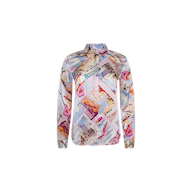 Introducing the Tyler Silk Blouse, a long-sleeve button-down shirt crafted from luxurious silk and adorned with a collage of colorful, vintage-inspired travel postcards and scenic landscapes on a light background. Featuring a classic collar and relaxed fit, this blouse showcases the distinctive L’AGENCE pink postcard print.