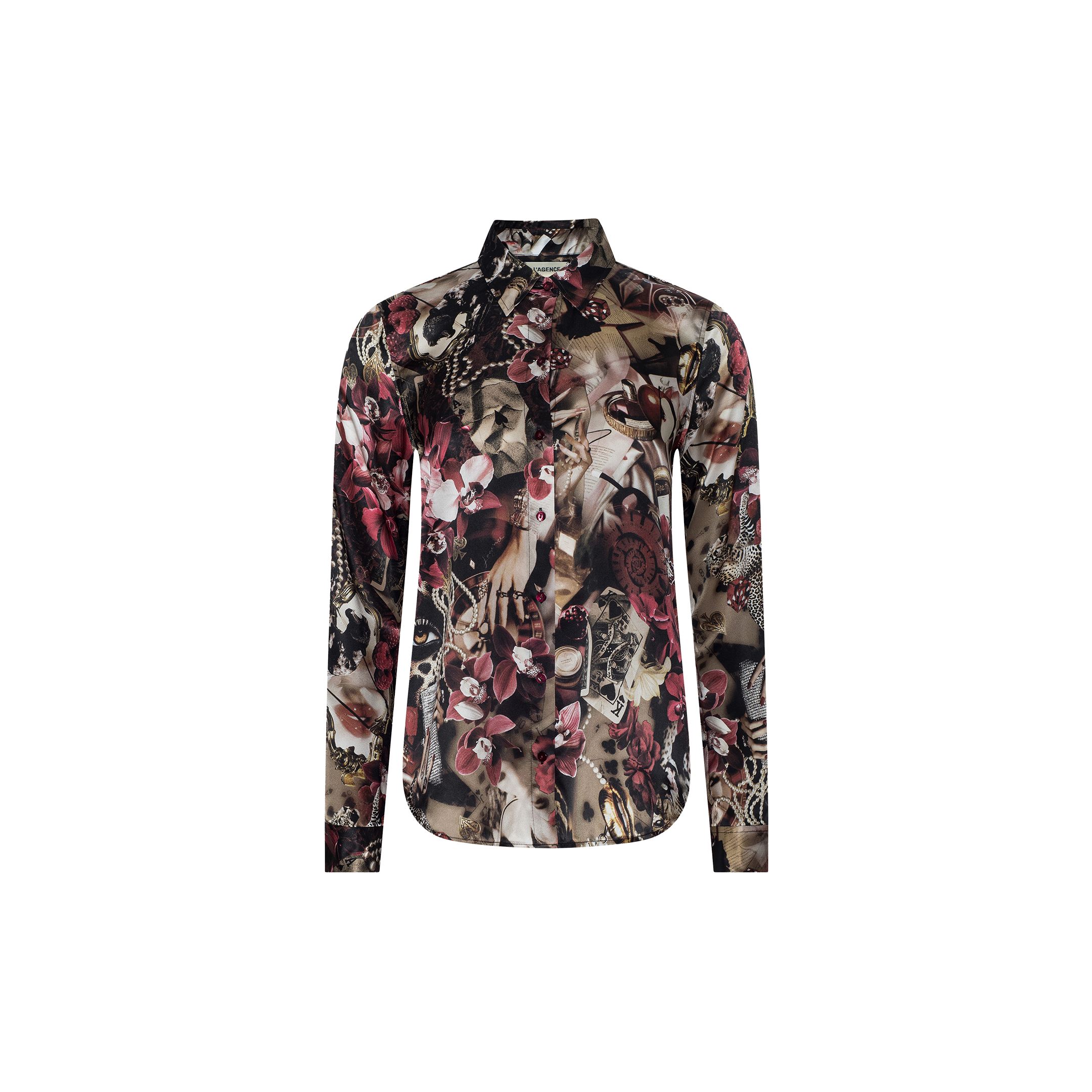 The Tyler Silk Blouse is a long-sleeve, slim fit button-up shirt showcasing a statement print with colorful, abstract floral and hand motifs in shades of black, beige, red, and white on a plain white background.