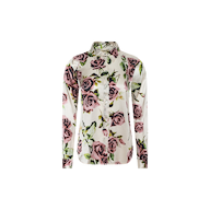 The Tyler Silk Blouse is a long-sleeve button-down shirt featuring a white base adorned with an all-over mauve rose floral print.