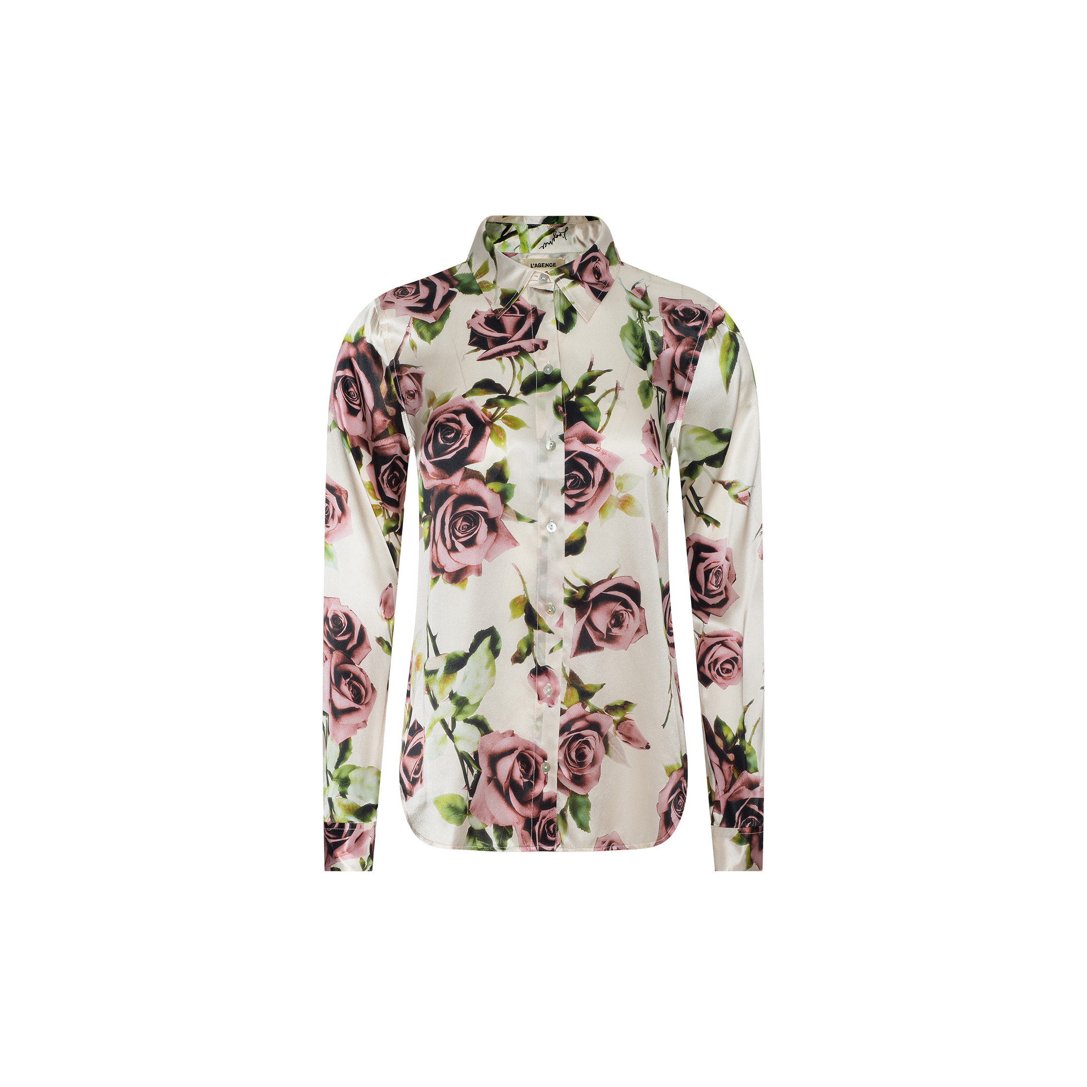 The Tyler Silk Blouse is a long-sleeve button-down shirt featuring a white base adorned with an all-over mauve rose floral print.