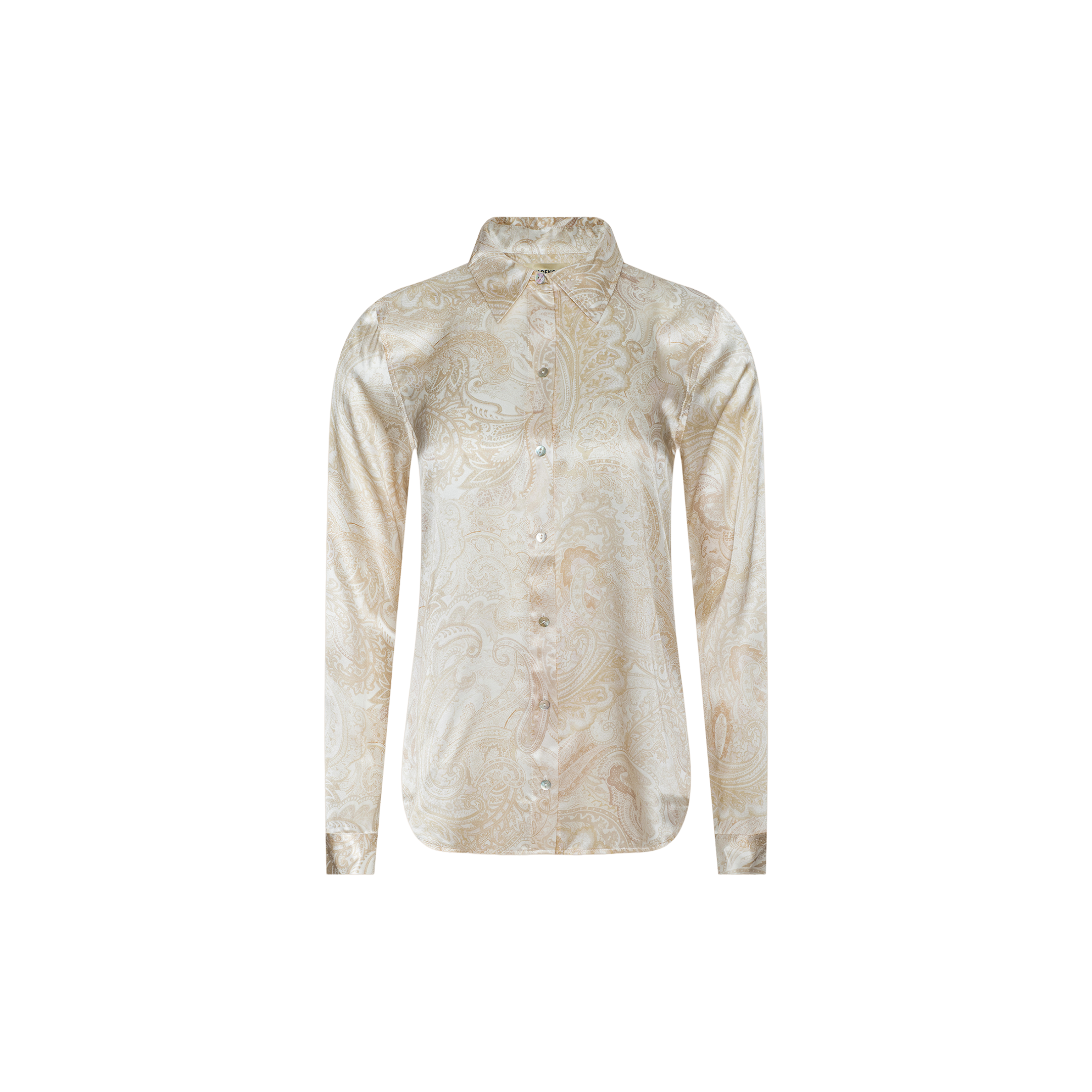 The Tyler Silk Blouse by L’AGENCE is a beige, long-sleeve button-down shirt featuring a subtle paisley print, displayed on a plain white background.