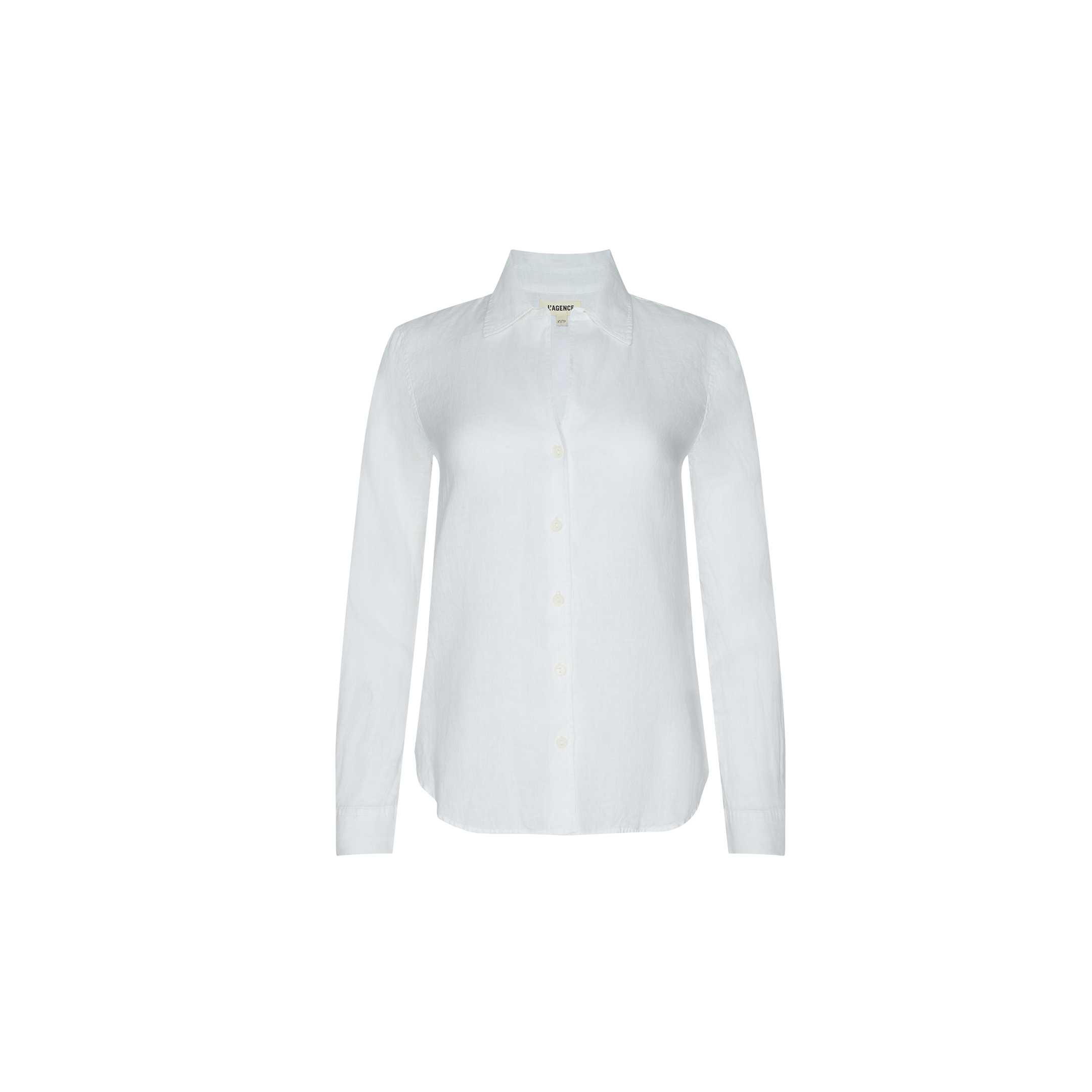 The Tyler Linen Blouse—a plain white, long-sleeve button-down shirt with a collar—is displayed on a white background. This versatile blouse is perfect for summer wear.