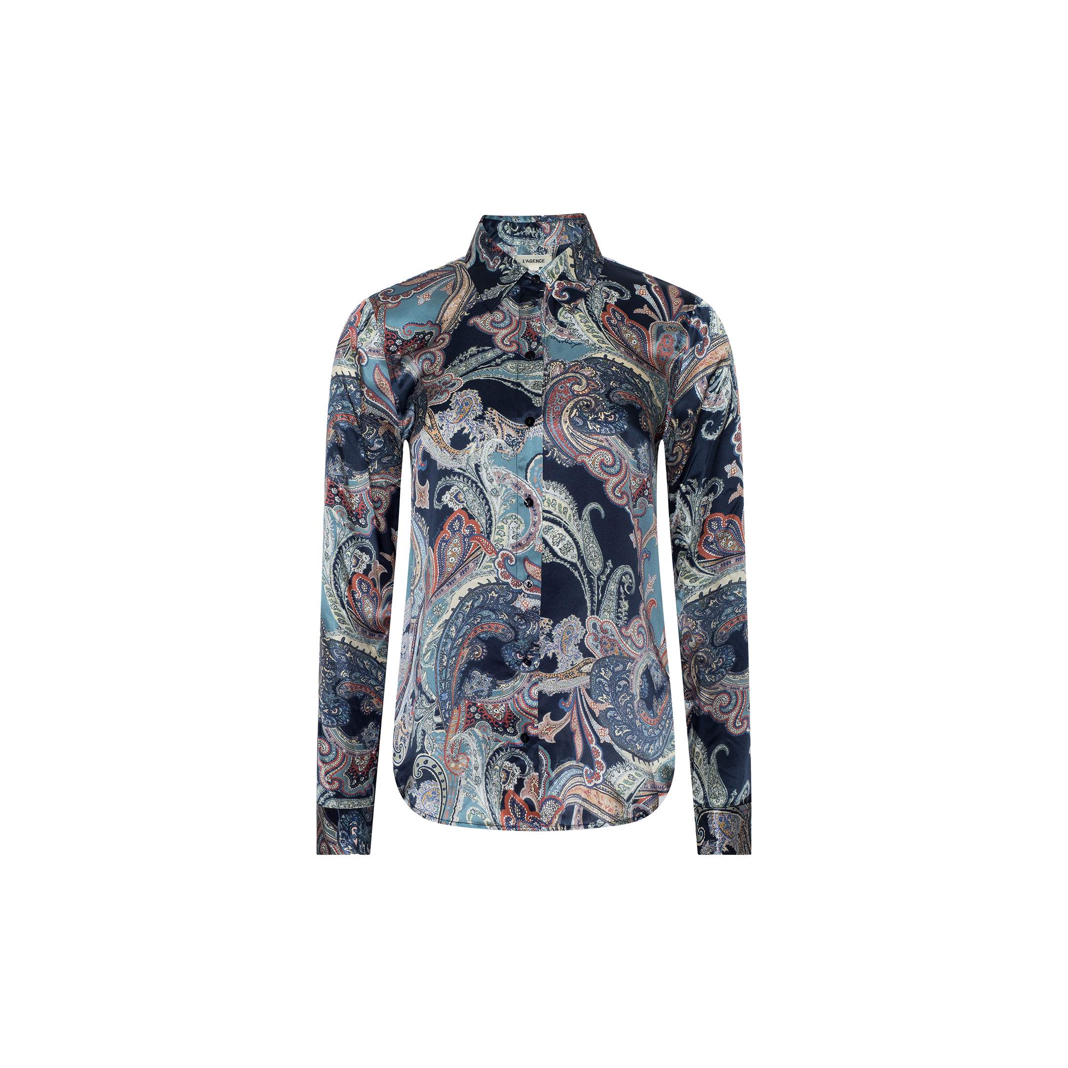 The Tyler Silk Blouse from L’AGENCE is a long-sleeve button-down shirt crafted from silk, featuring a vibrant paisley print in shades of blue, green, and pink on a crisp white background.