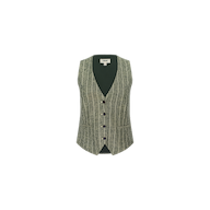Drina Linen-Blend Vest in olive green pinstripe, tailored from a linen-cotton blend with four buttons and a deep V-neck, shown against a plain white background.