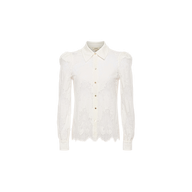 Jenica Lace Blouse in white, showcasing a cotton-blend lace design with long sleeves, button-down front, collared neckline, and softly puffed shoulders, displayed against a plain white background.