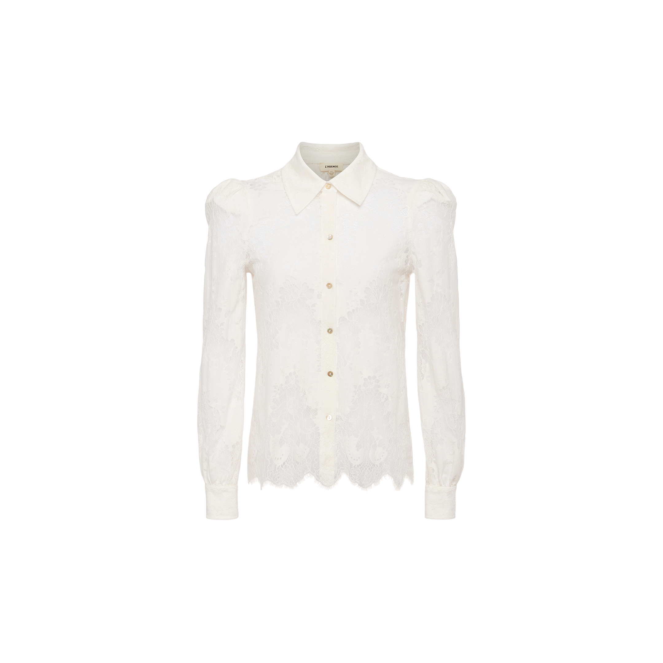 Jenica Lace Blouse in white, showcasing a cotton-blend lace design with long sleeves, button-down front, collared neckline, and softly puffed shoulders, displayed against a plain white background.