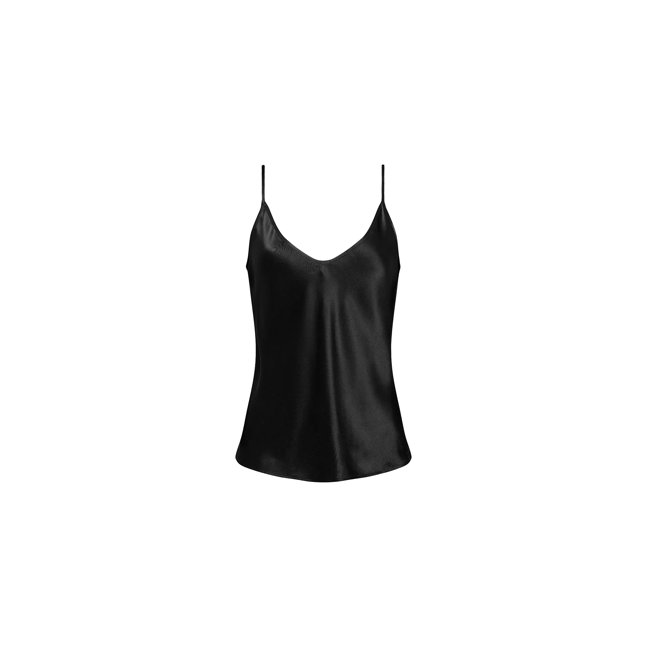 The Lexi Silk Camisole in black features adjustable spaghetti straps and is showcased against a plain white background.
