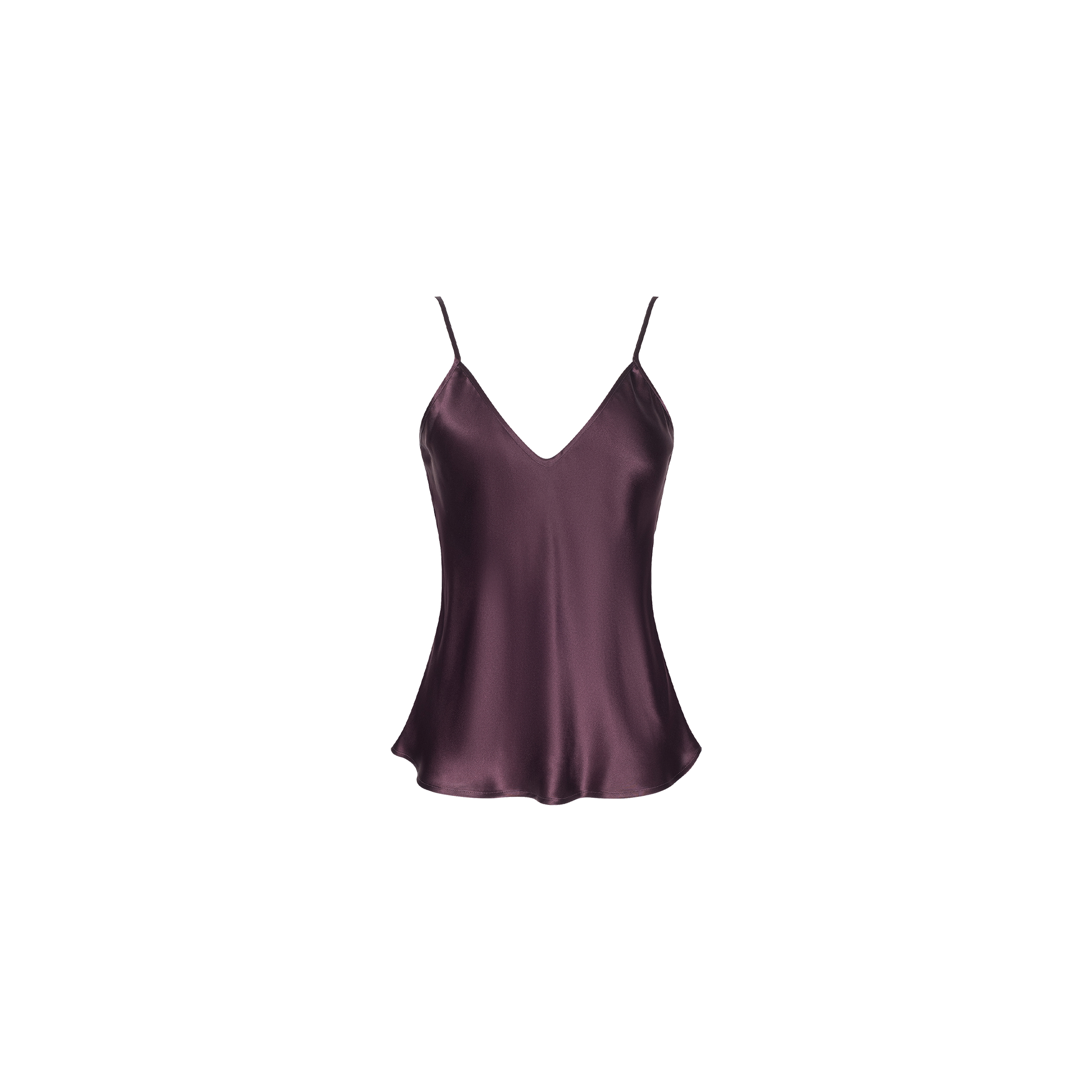 The Lexi Silk Camisole is a sleeveless, bias-cut silk top in deep plum, featuring adjustable spaghetti straps and a V-neckline, shown against a plain white background.