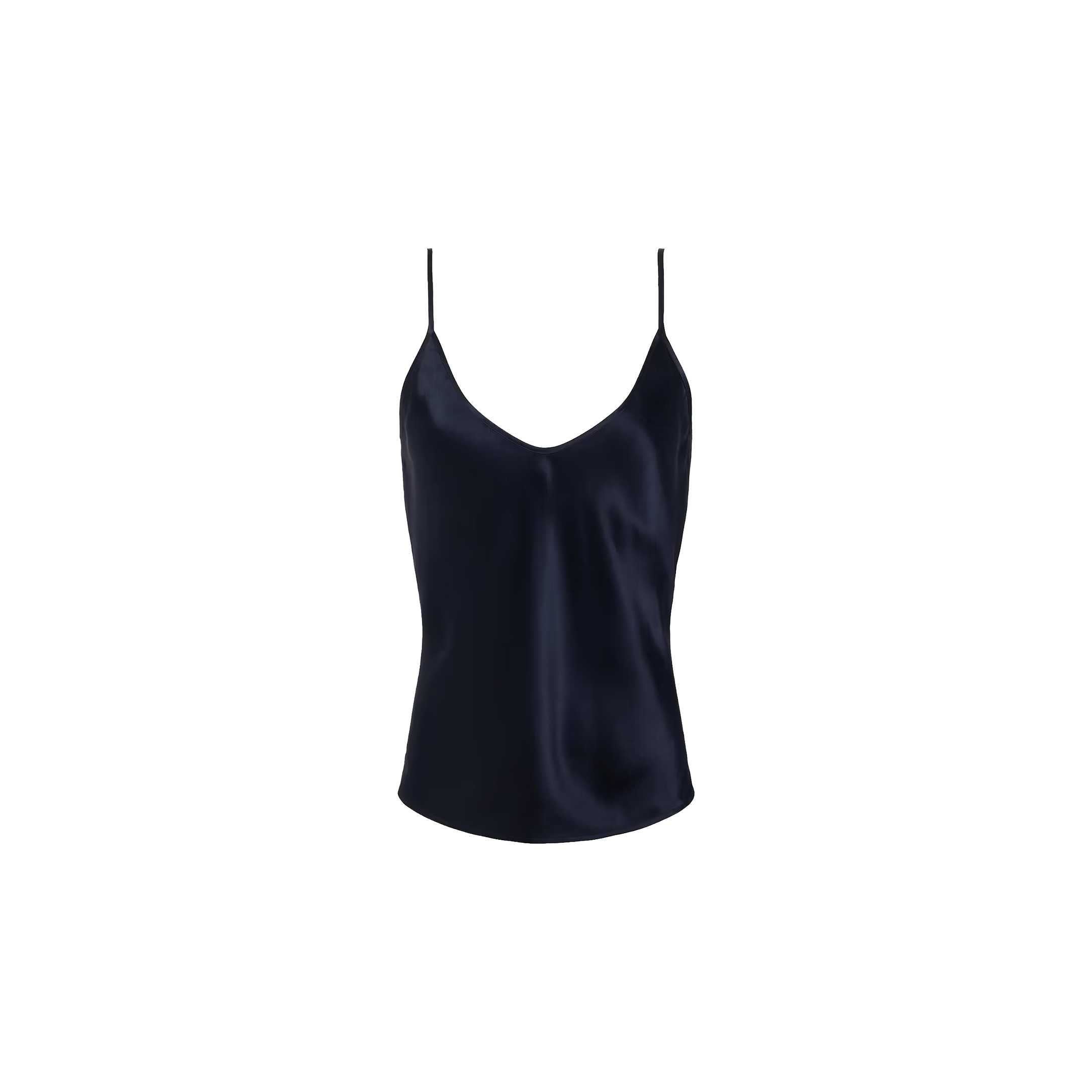 The Lexi Silk Camisole is a midnight blue charmeuse tank top featuring thin spaghetti straps and a subtle sheen, shown on a plain white background.