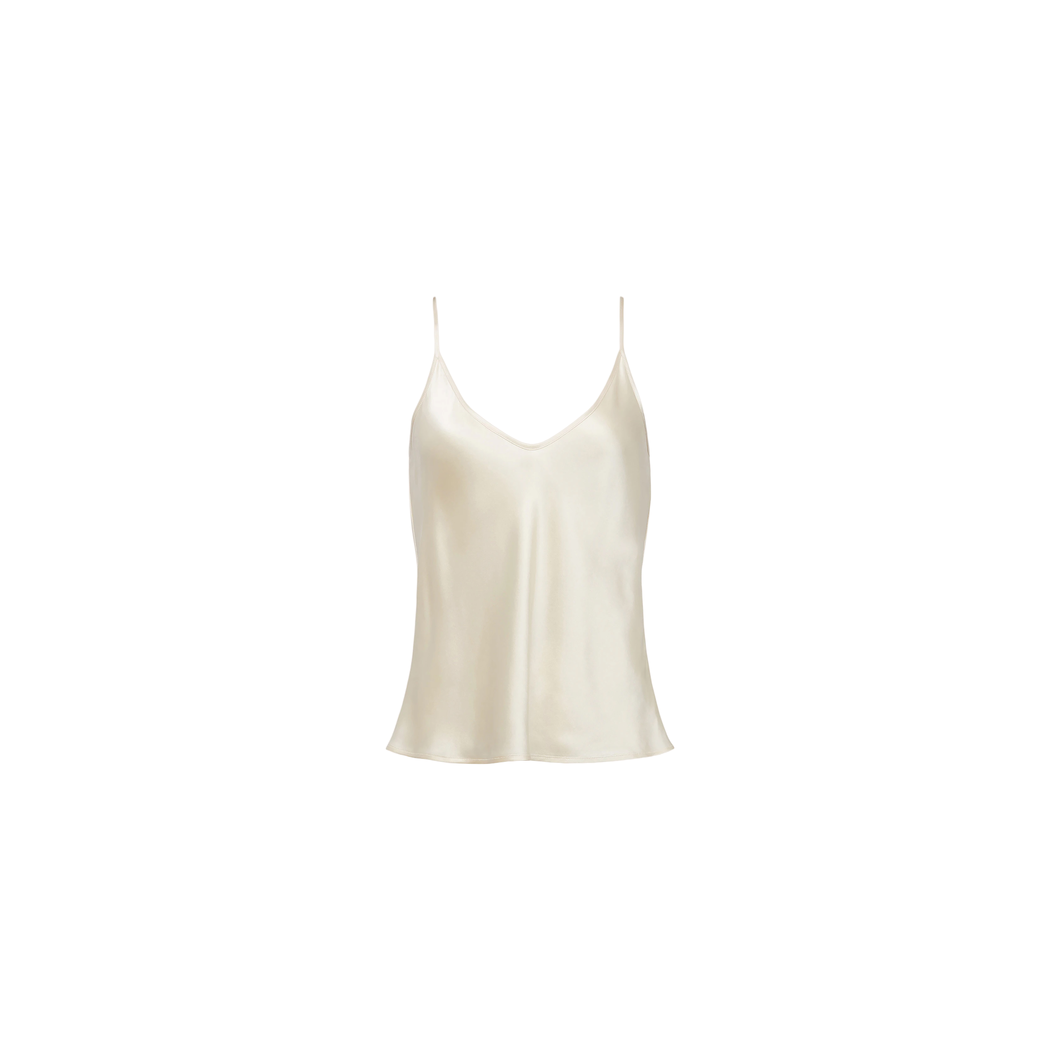 The Lexi Silk Camisole is a pearl white charmeuse top featuring thin spaghetti straps and a sleeveless design, displayed against a plain white background.
